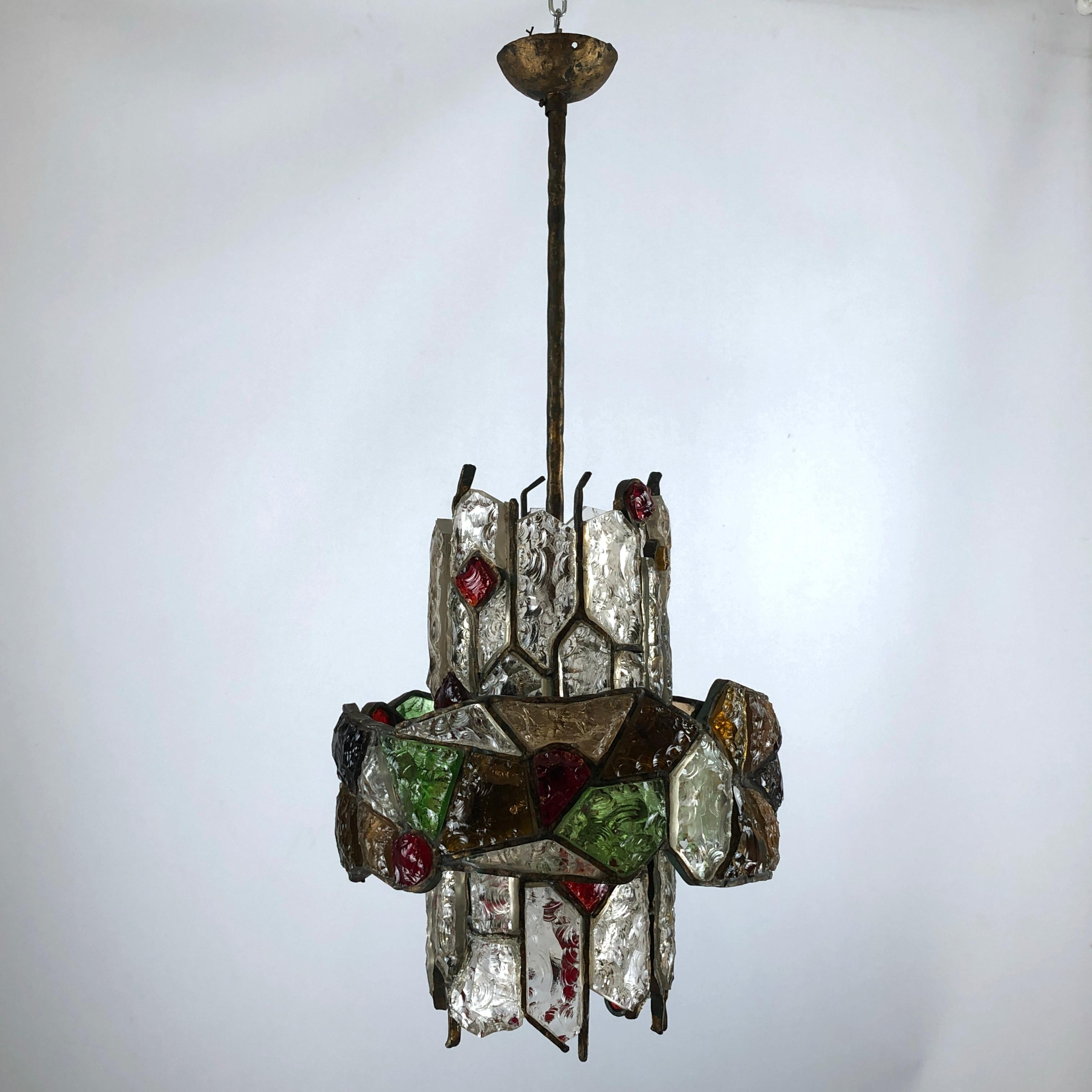 Poliarte, Italian Brutalist Iron and Cut Glass Chandelier from 70s 7