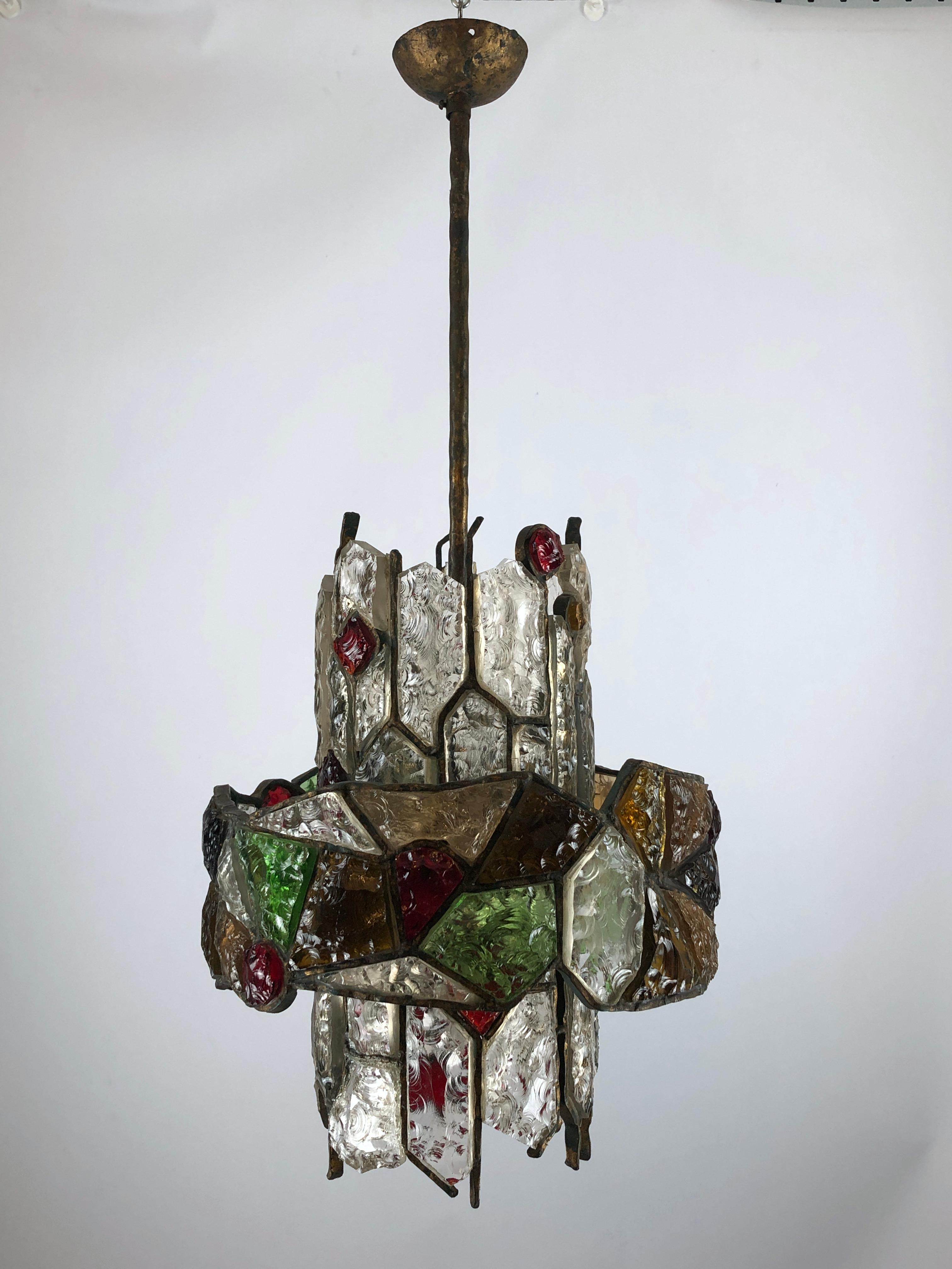 Poliarte, Italian Brutalist Iron and Cut Glass Chandelier from 70s 8