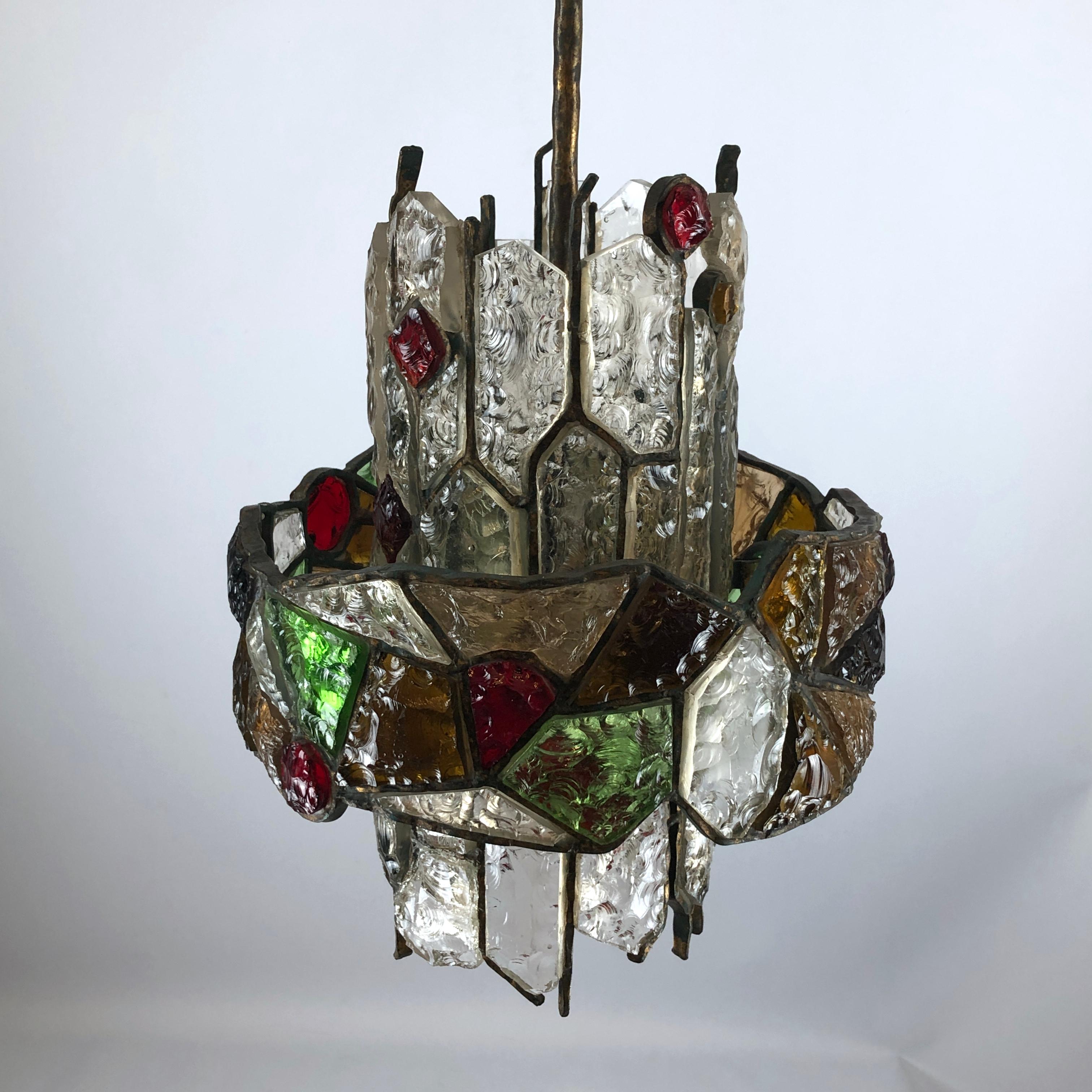 Poliarte, Italian Brutalist Iron and Cut Glass Chandelier from 70s 10