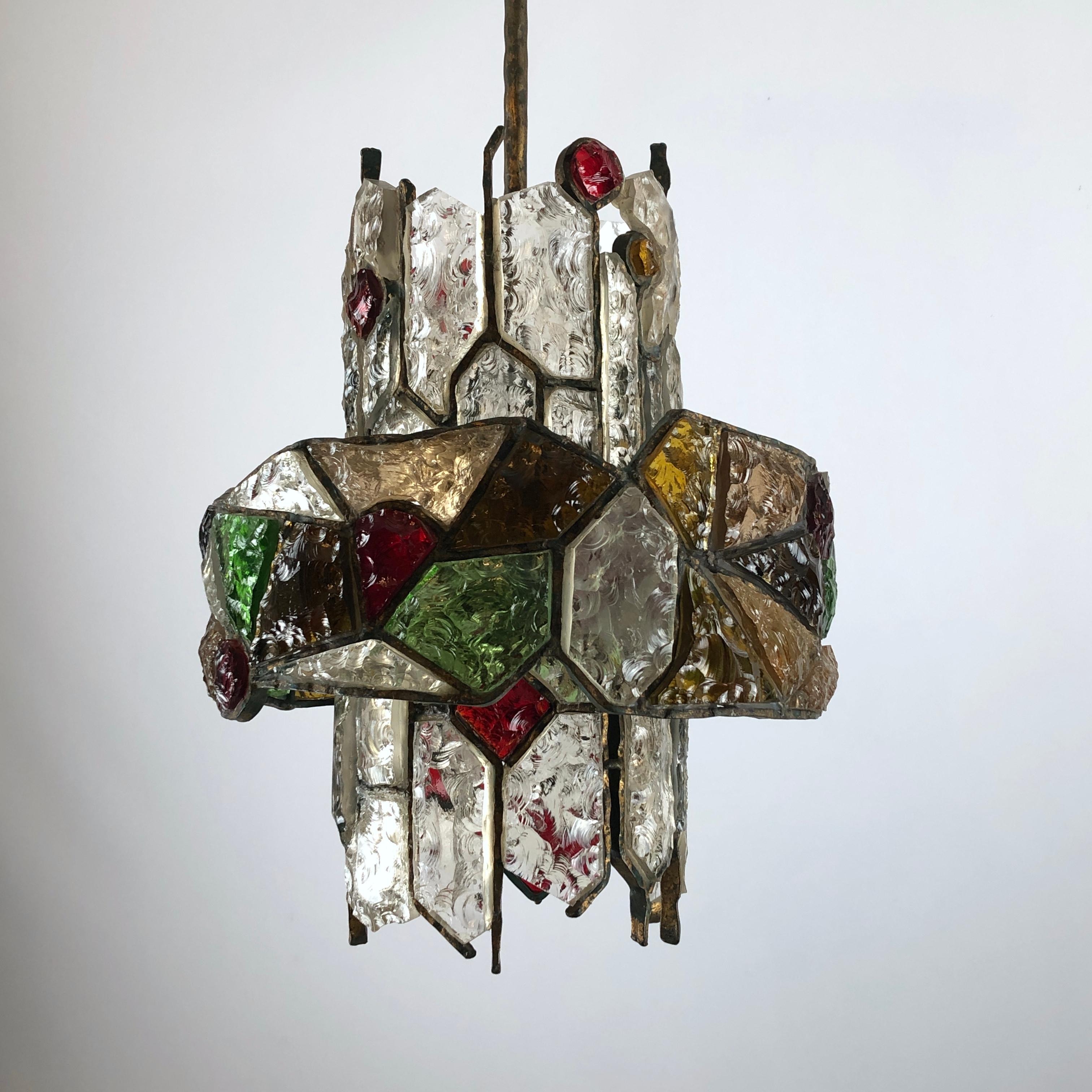 Mid-Century Modern Poliarte, Italian Brutalist Iron and Cut Glass Chandelier from 70s