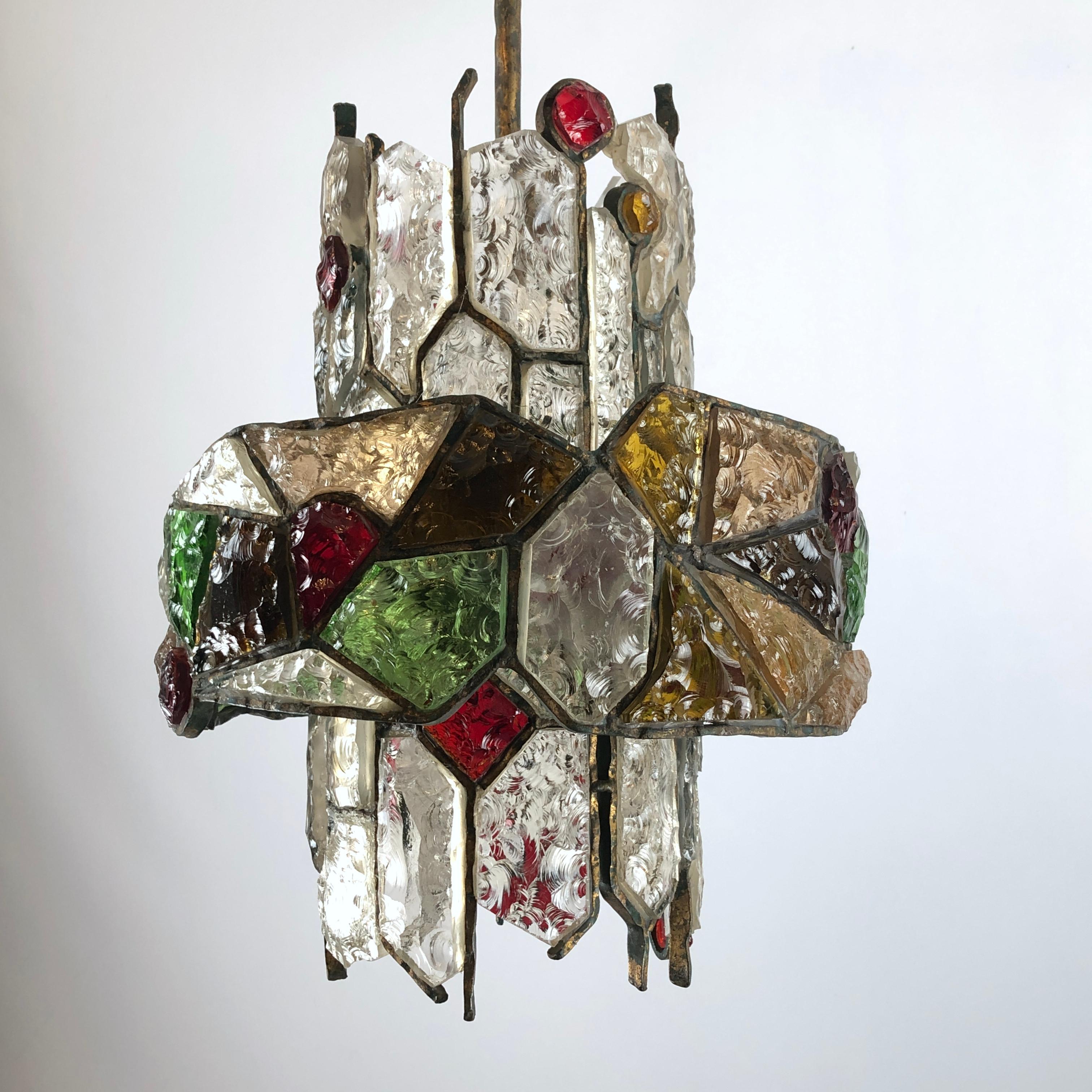 Poliarte, Italian Brutalist Iron and Cut Glass Chandelier from 70s In Good Condition In Catania, CT
