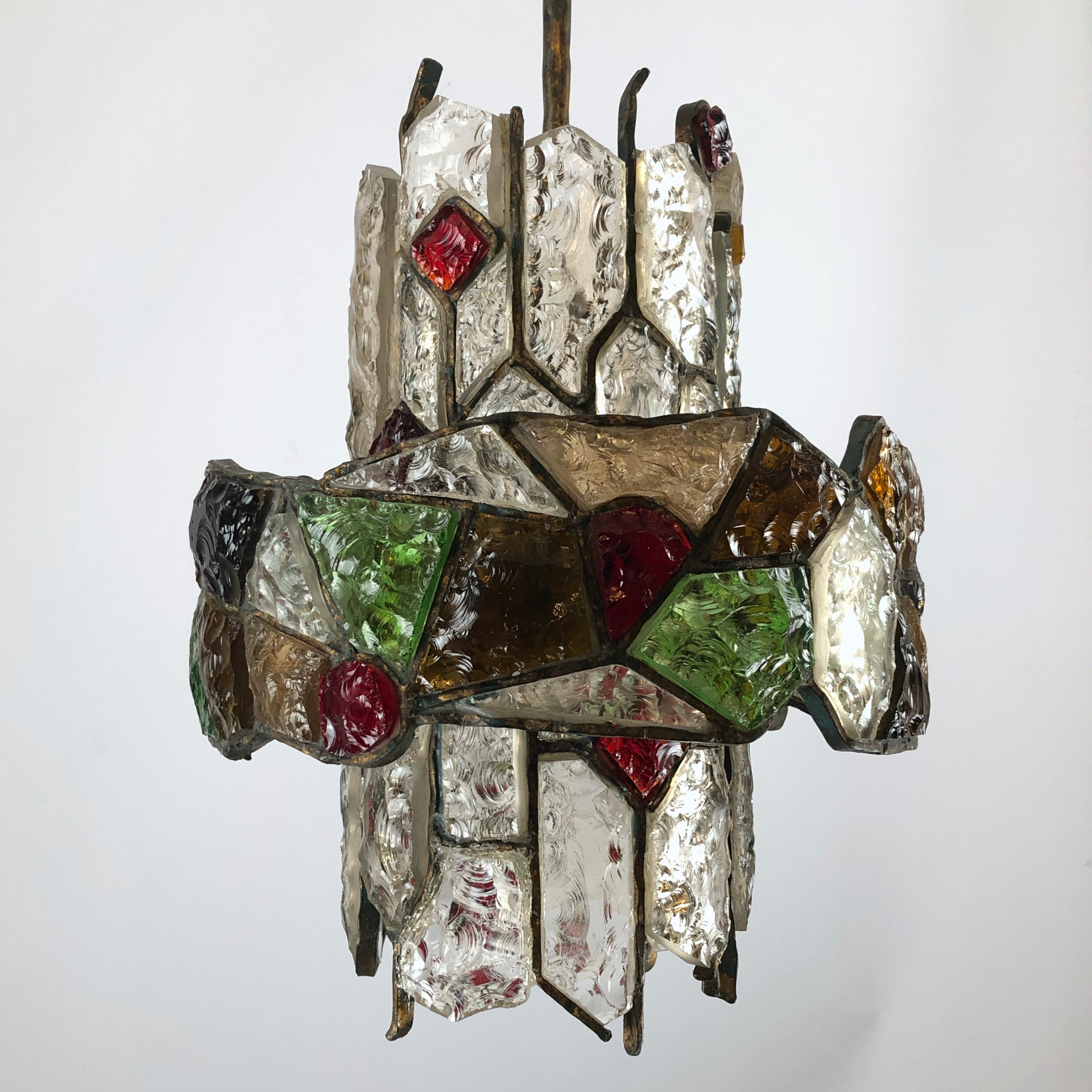 20th Century Poliarte, Italian Brutalist Iron and Cut Glass Chandelier from 70s