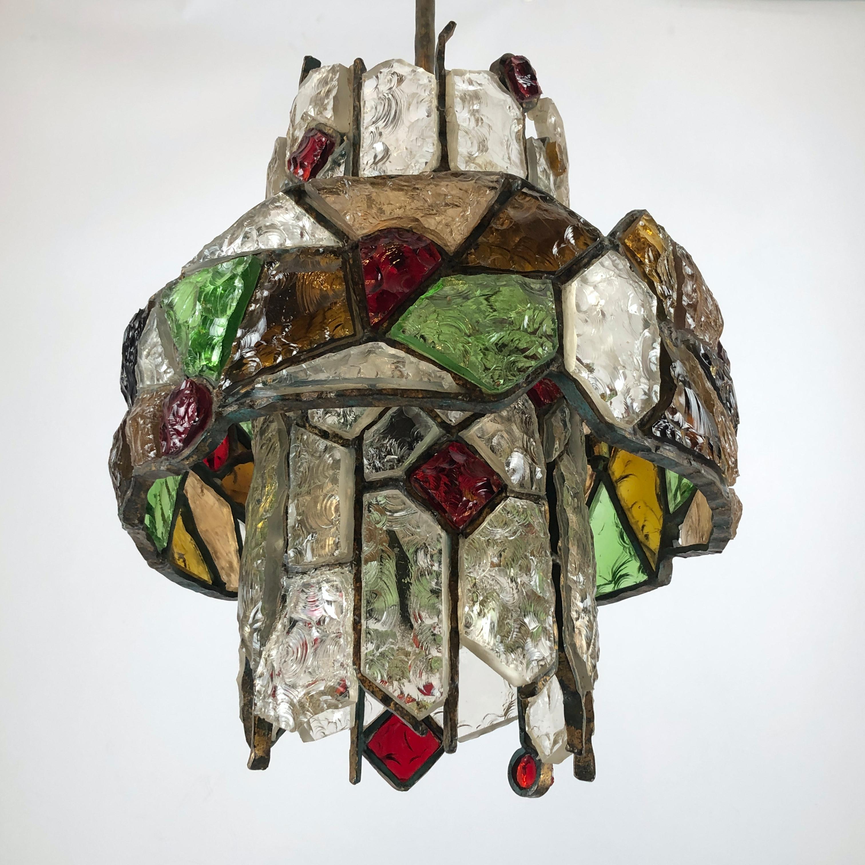 Poliarte, Italian Brutalist Iron and Cut Glass Chandelier from 70s 1