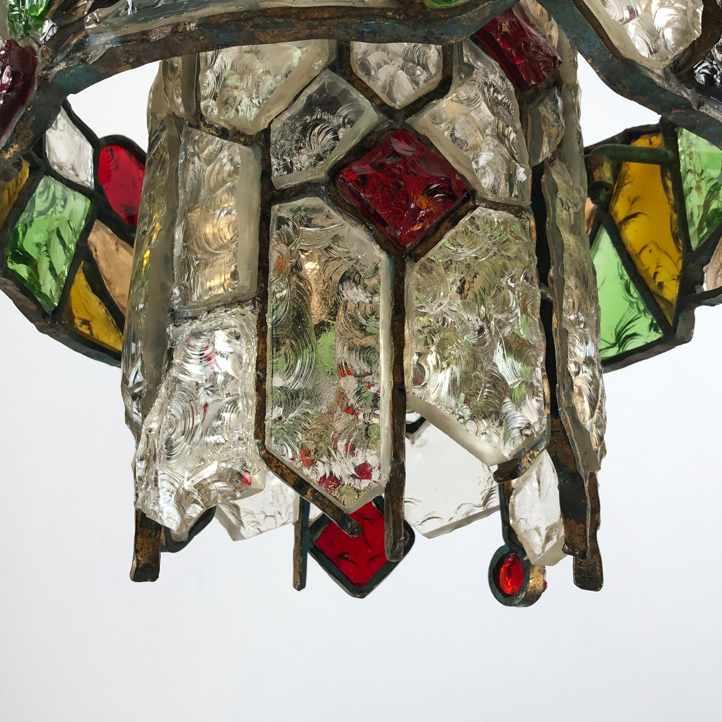 Poliarte, Italian Brutalist Iron and Cut Glass Chandelier from 70s 2