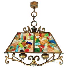 Vintage Longobard Poliarte Style Chandelier, Gilt Iron and Multi Color Glass Mosaic