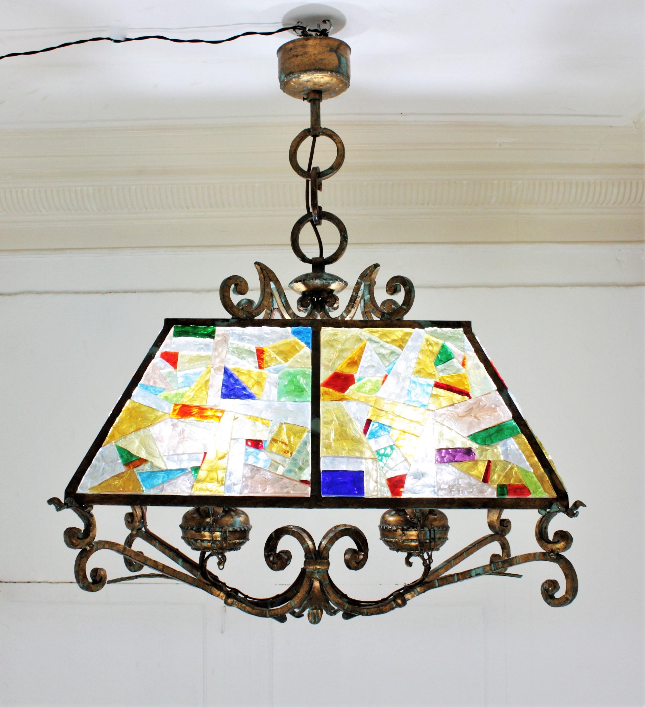 Longobard Poliarte Style Chandelier, Gilt Iron and Multi Color Glass Mosaic For Sale 2