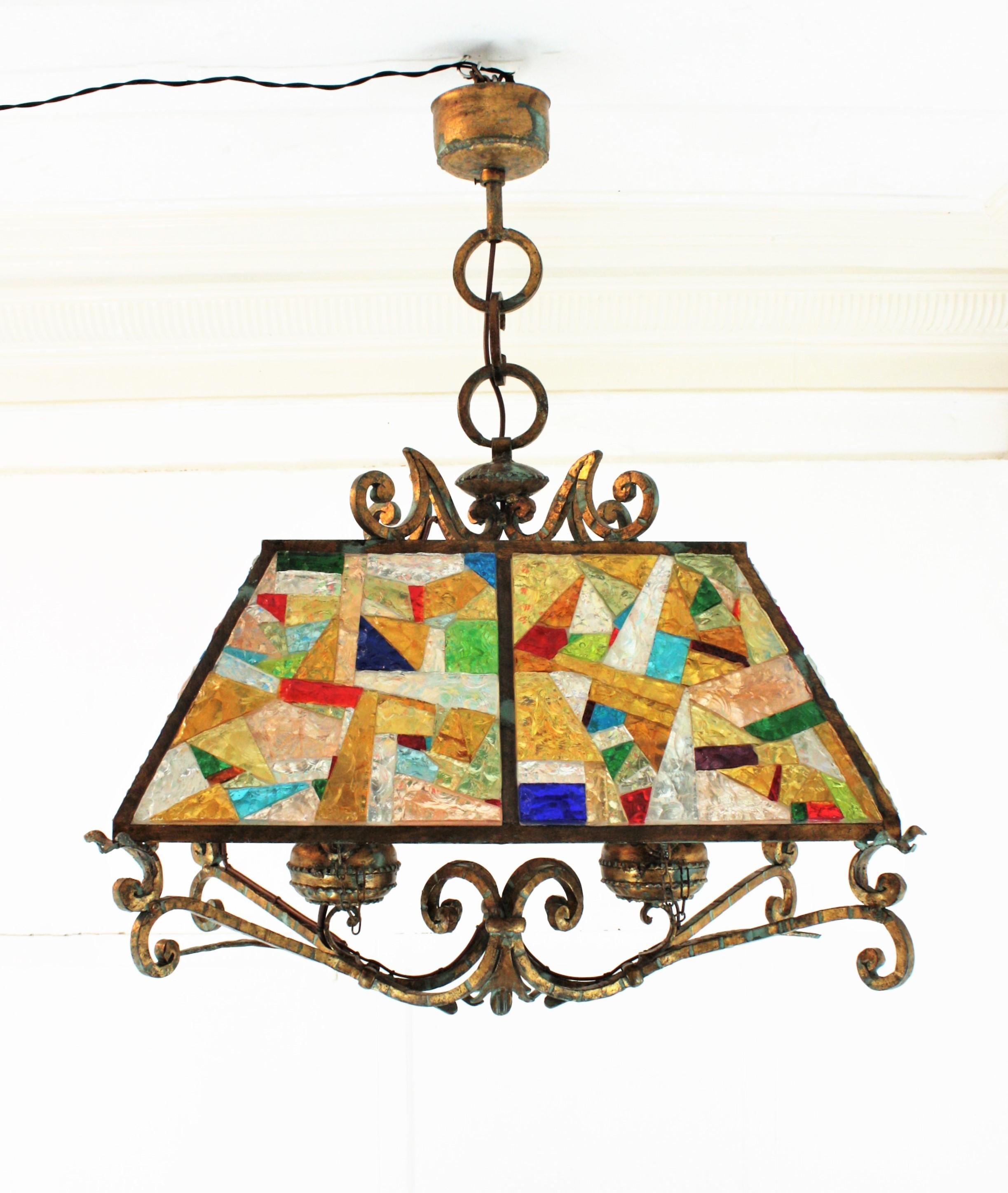 Longobard Poliarte Style Chandelier, Gilt Iron and Multi Color Glass Mosaic For Sale 5