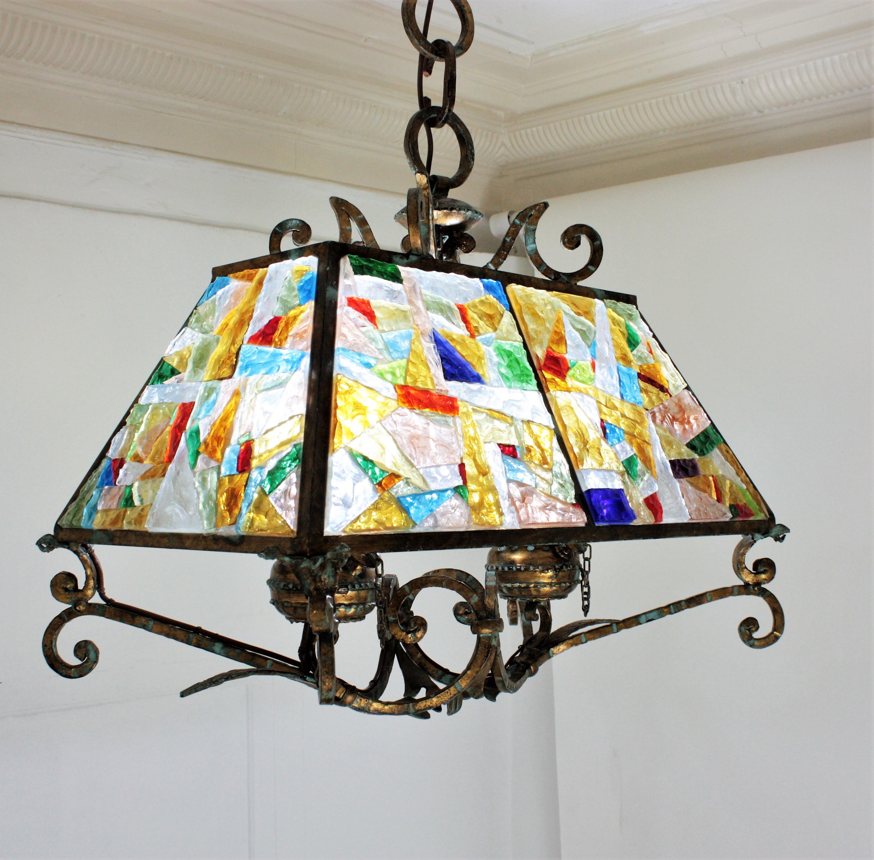 Longobard Poliarte Style Kronleuchter, vergoldetes Eisen und mehrfarbiges Glasmosaik im Angebot 6
