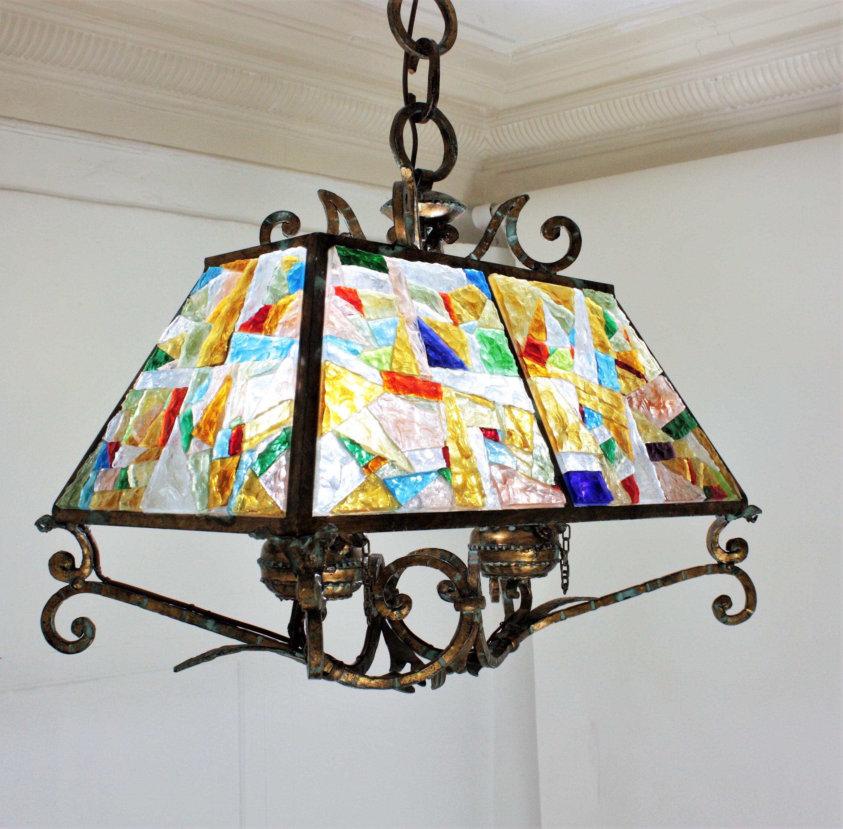 Longobard Poliarte Style Chandelier, Gilt Iron and Multi Color Glass Mosaic For Sale 6