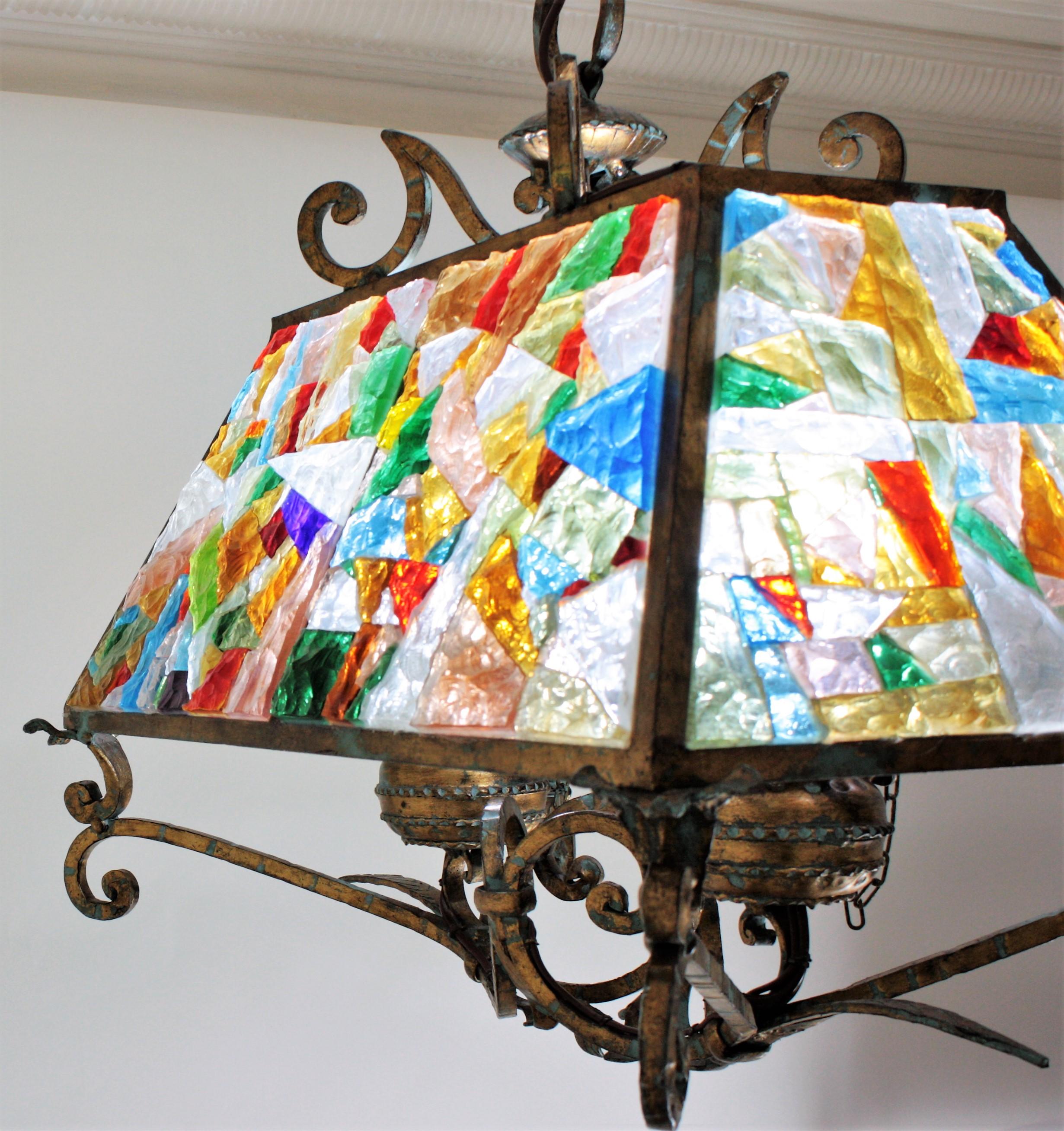 Longobard Poliarte Style Chandelier, Gilt Iron and Multi Color Glass Mosaic For Sale 7