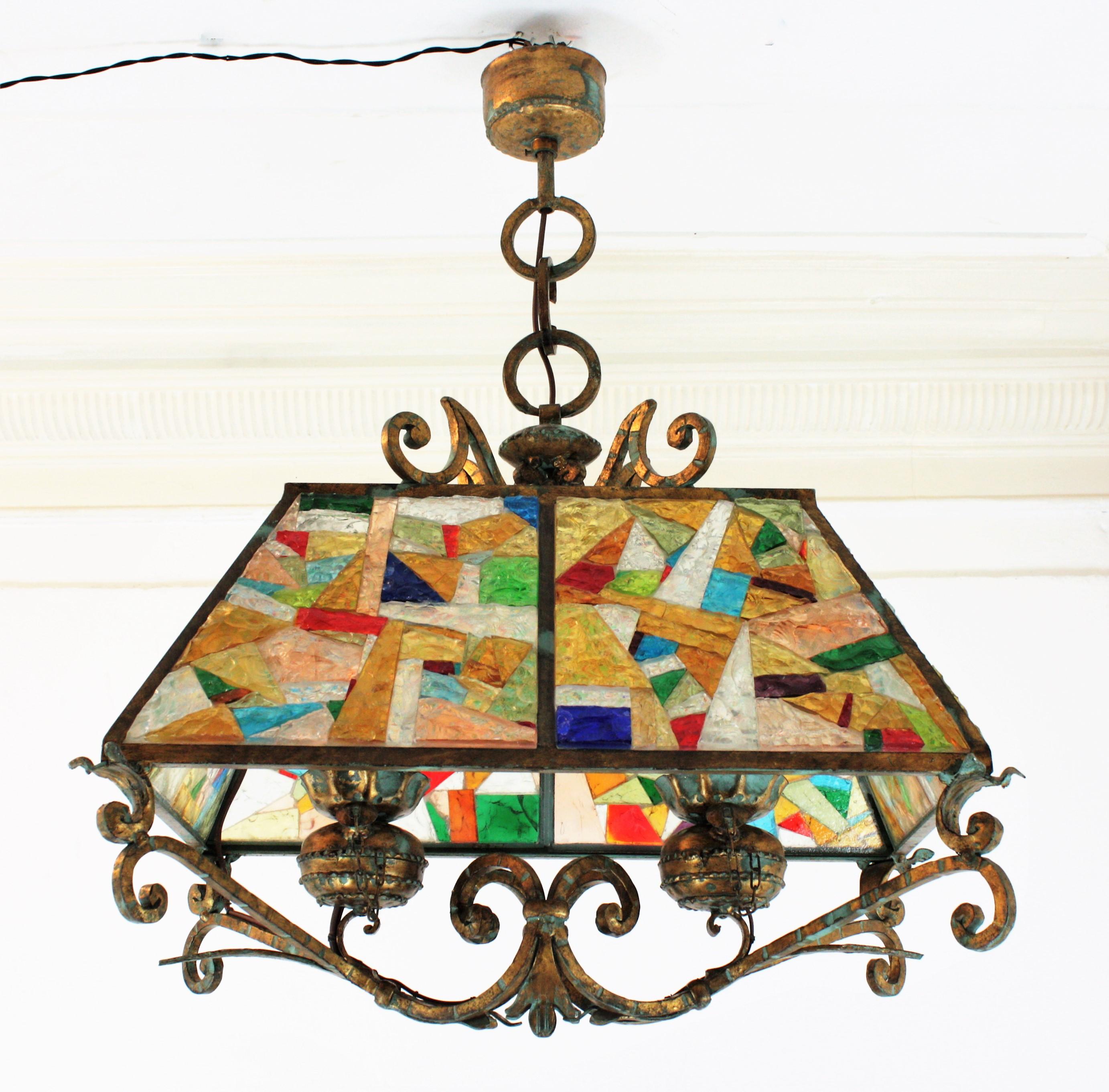 Longobard Poliarte Style Chandelier, Gilt Iron and Multi Color Glass Mosaic For Sale 9