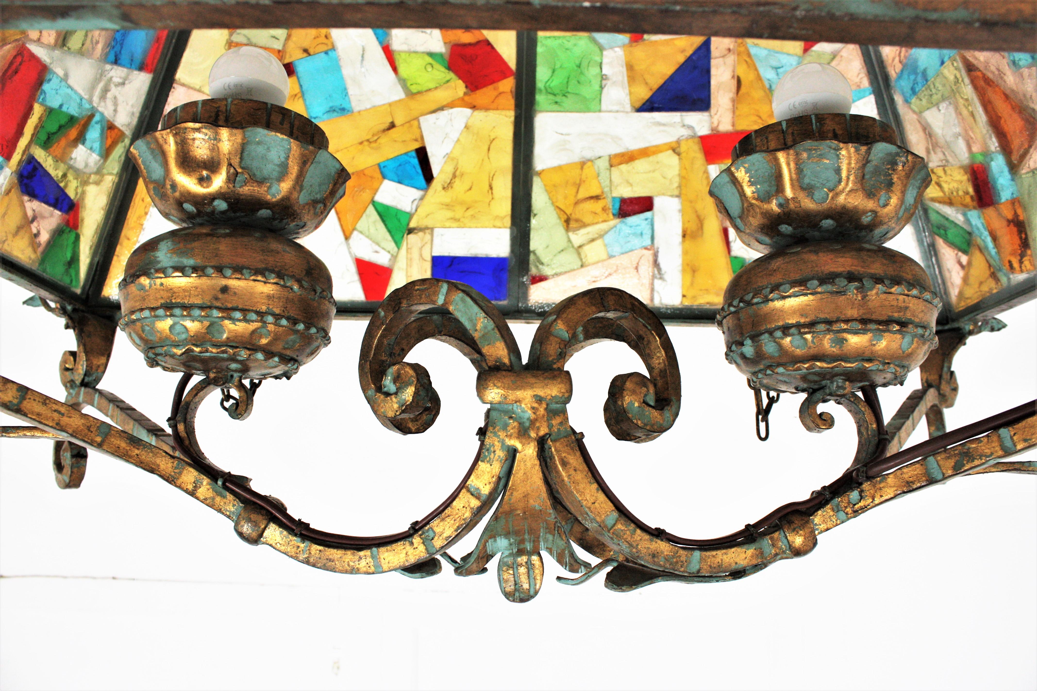 Longobard Poliarte Style Chandelier, Gilt Iron and Multi Color Glass Mosaic For Sale 11