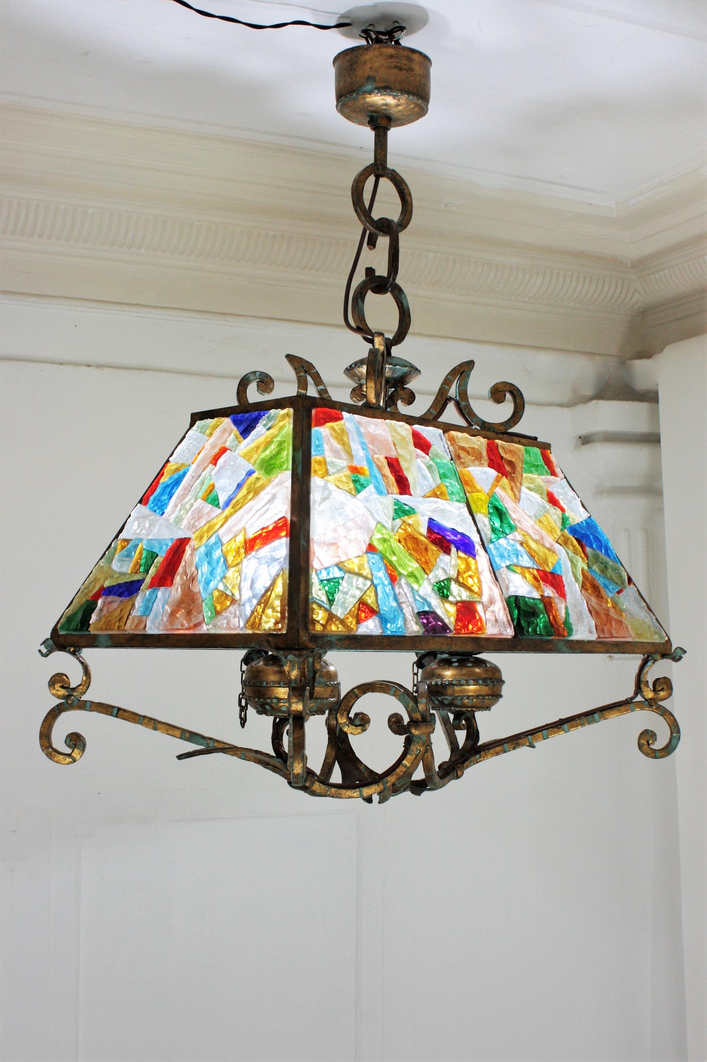 Longobard Poliarte Style Chandelier, Gilt Iron and Multi Color Glass Mosaic For Sale 11