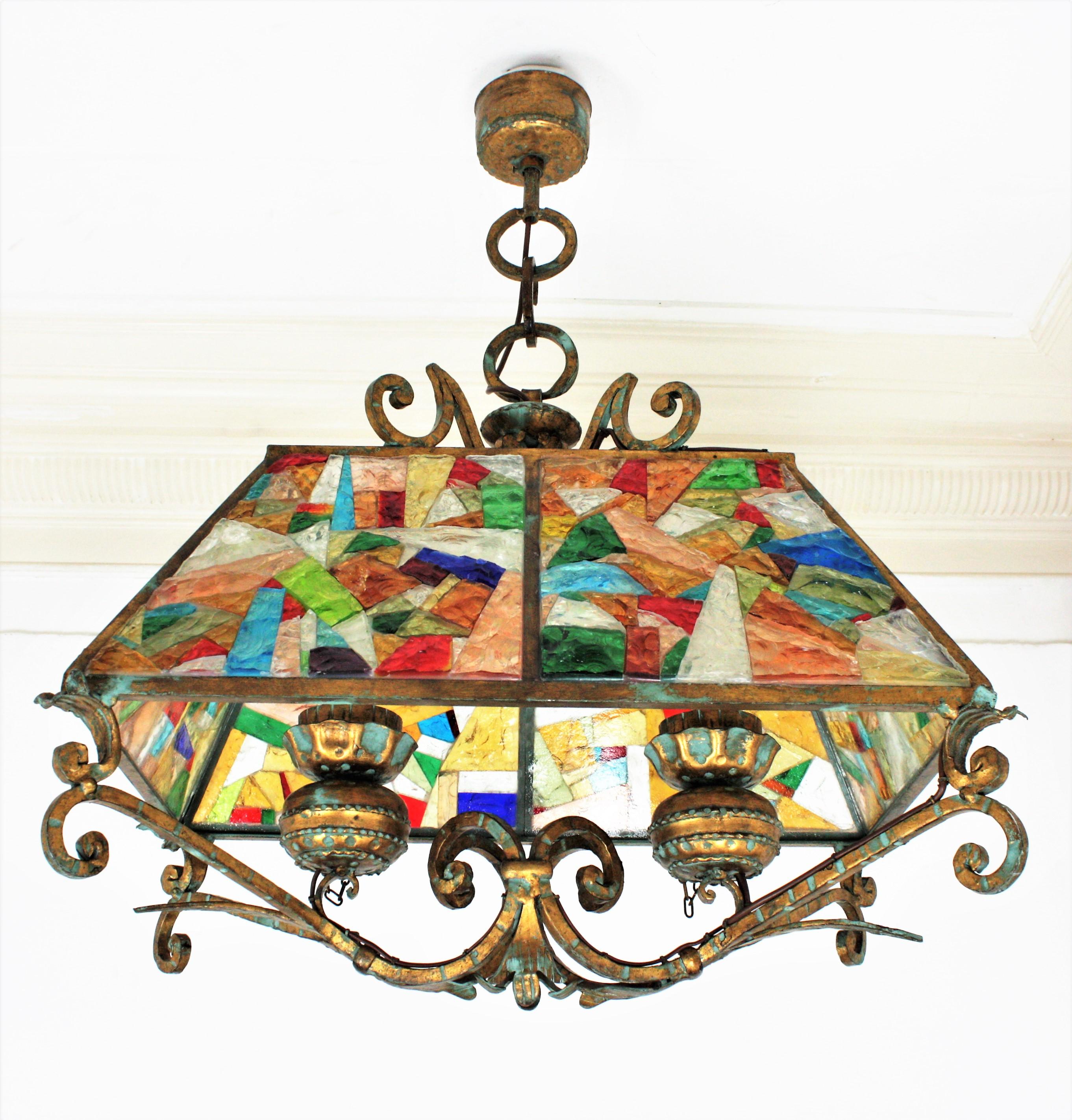 Longobard Poliarte Style Chandelier, Gilt Iron and Multi Color Glass Mosaic For Sale 12