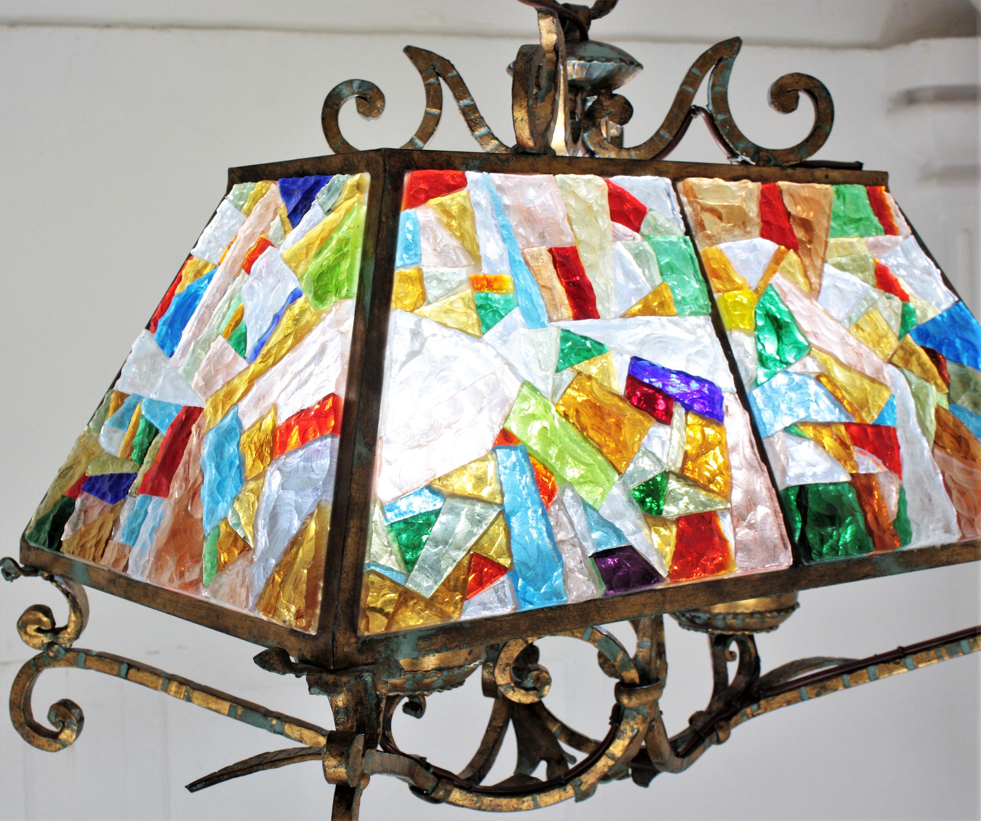 Mid-Century Modern Poliarte Longobard Chandelier in Wrought Iron with Multi-Color Glasses For Sale