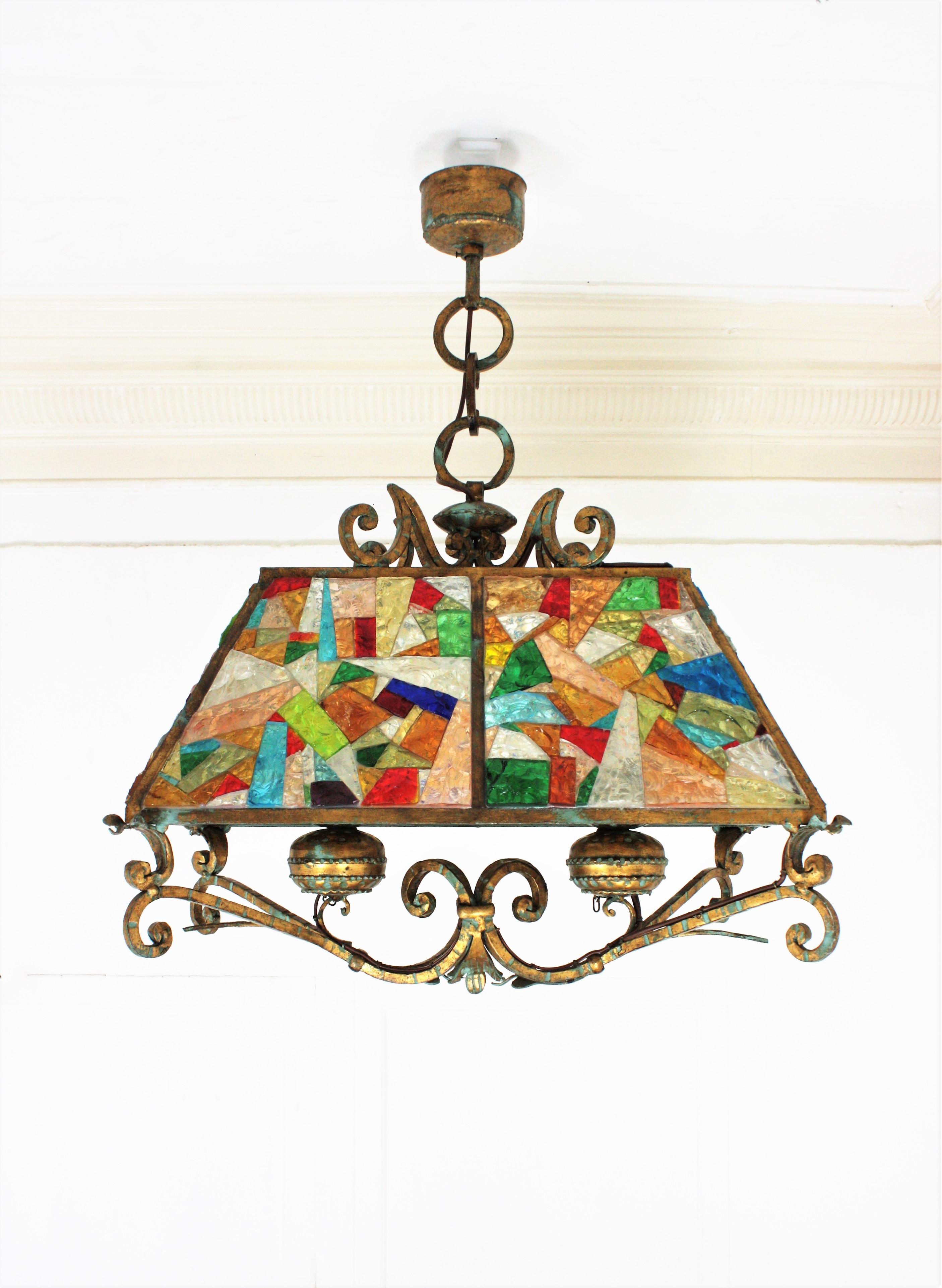 Italian Longobard Poliarte Style Chandelier, Gilt Iron and Multi Color Glass Mosaic For Sale