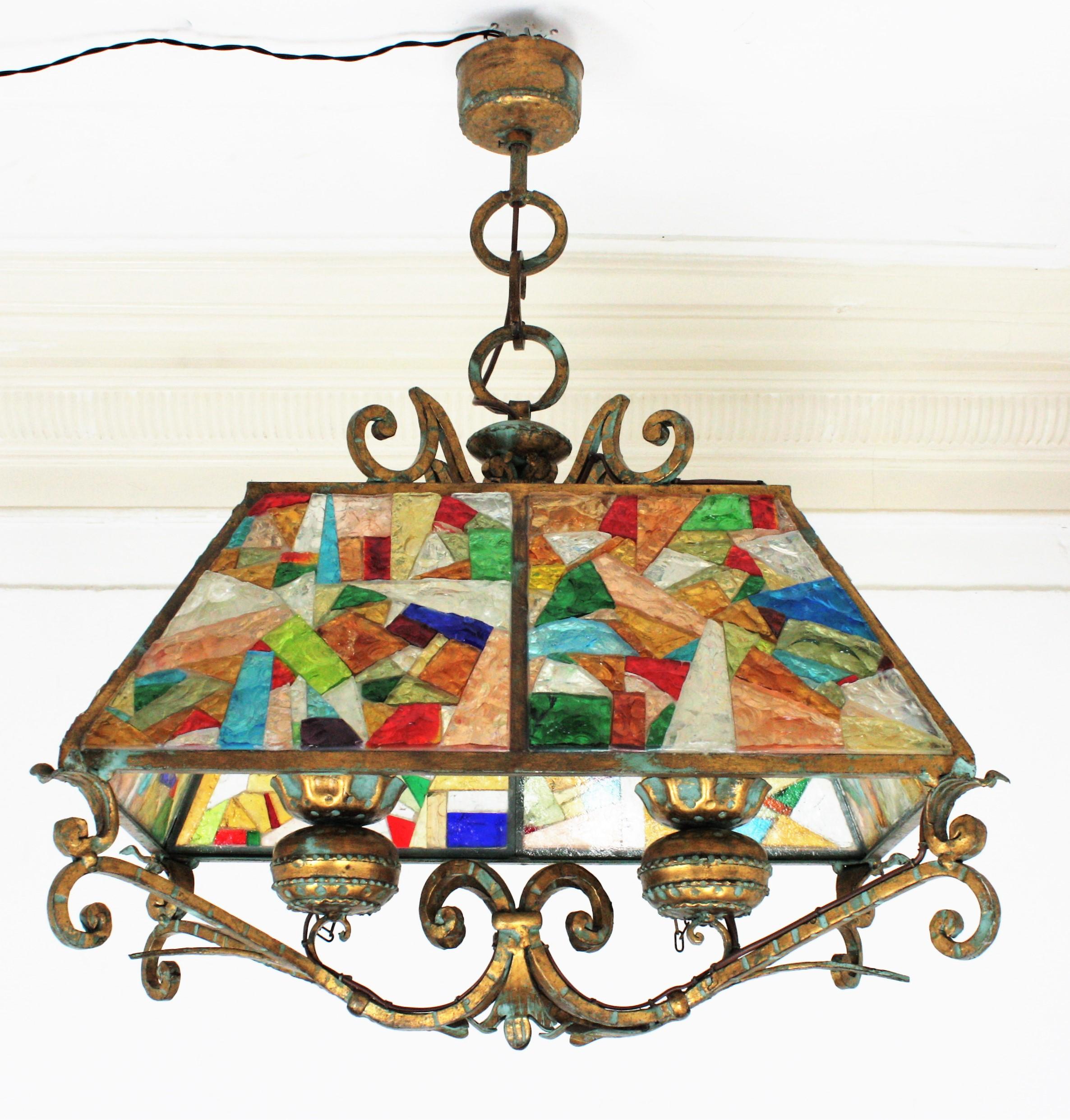 Hammered Poliarte Longobard Chandelier in Wrought Iron with Multi-Color Glasses For Sale