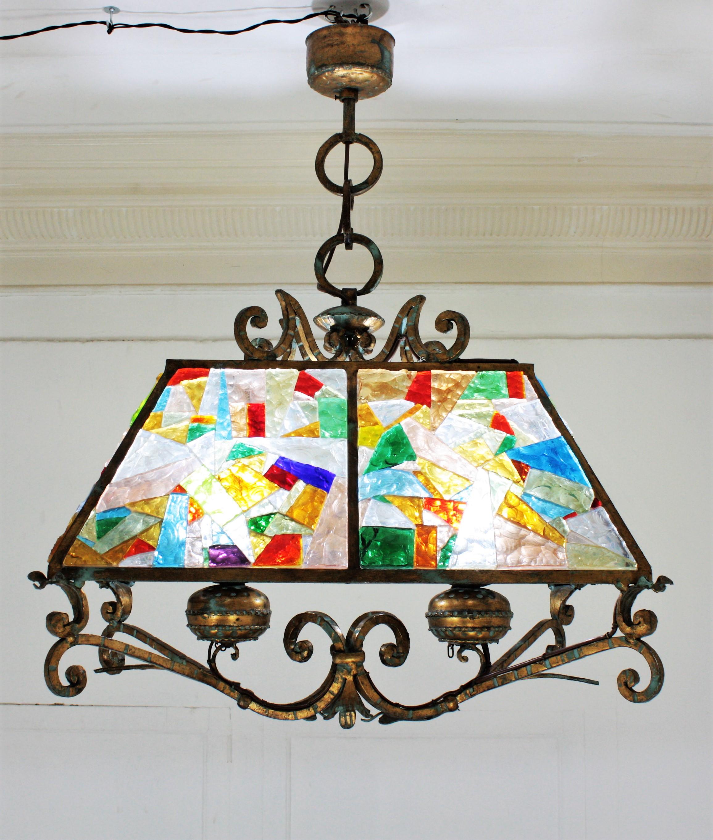 Cut Glass Longobard Poliarte Style Chandelier, Gilt Iron and Multi Color Glass Mosaic For Sale
