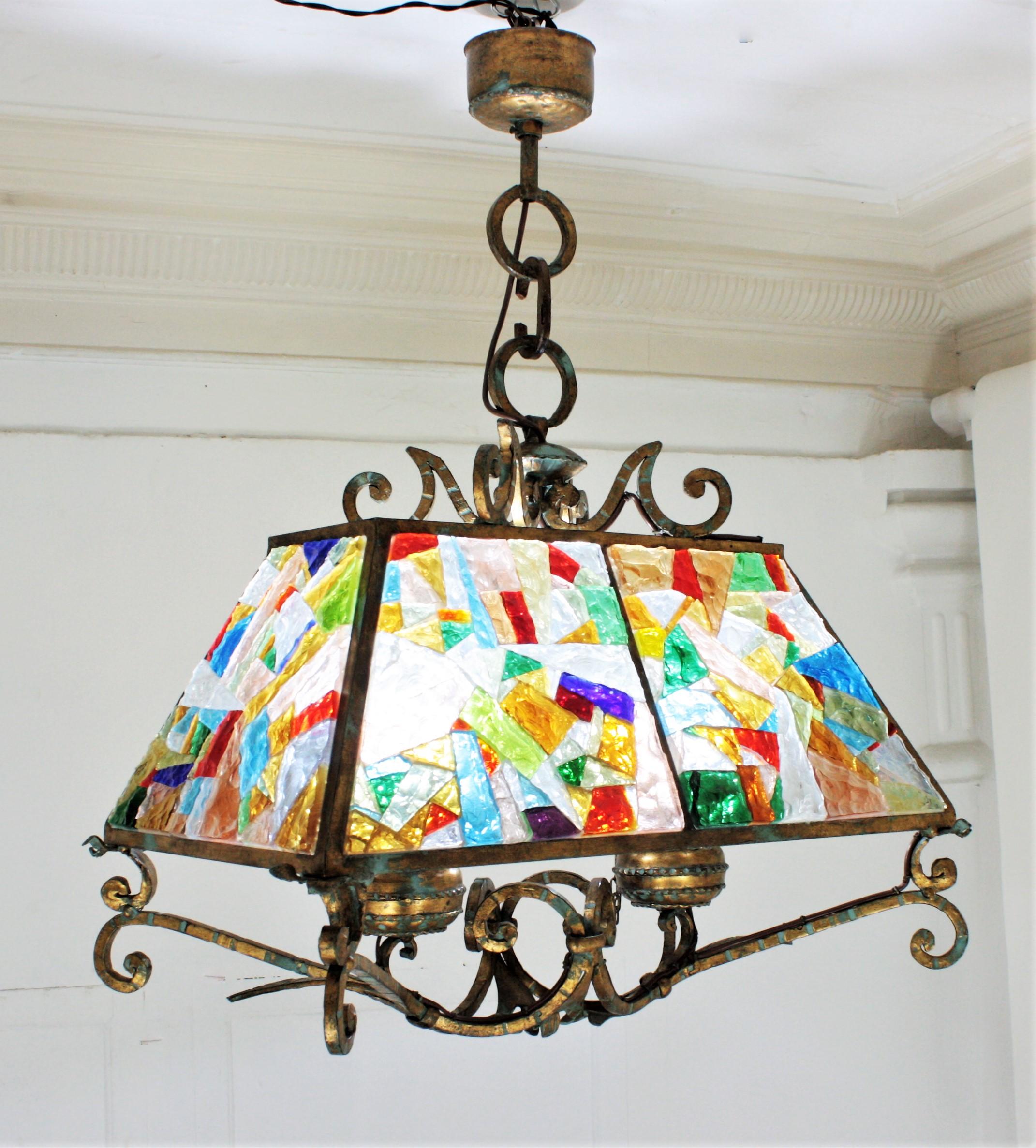 Cut Glass Longobard Poliarte Style Chandelier, Gilt Iron and Multi Color Glass Mosaic For Sale
