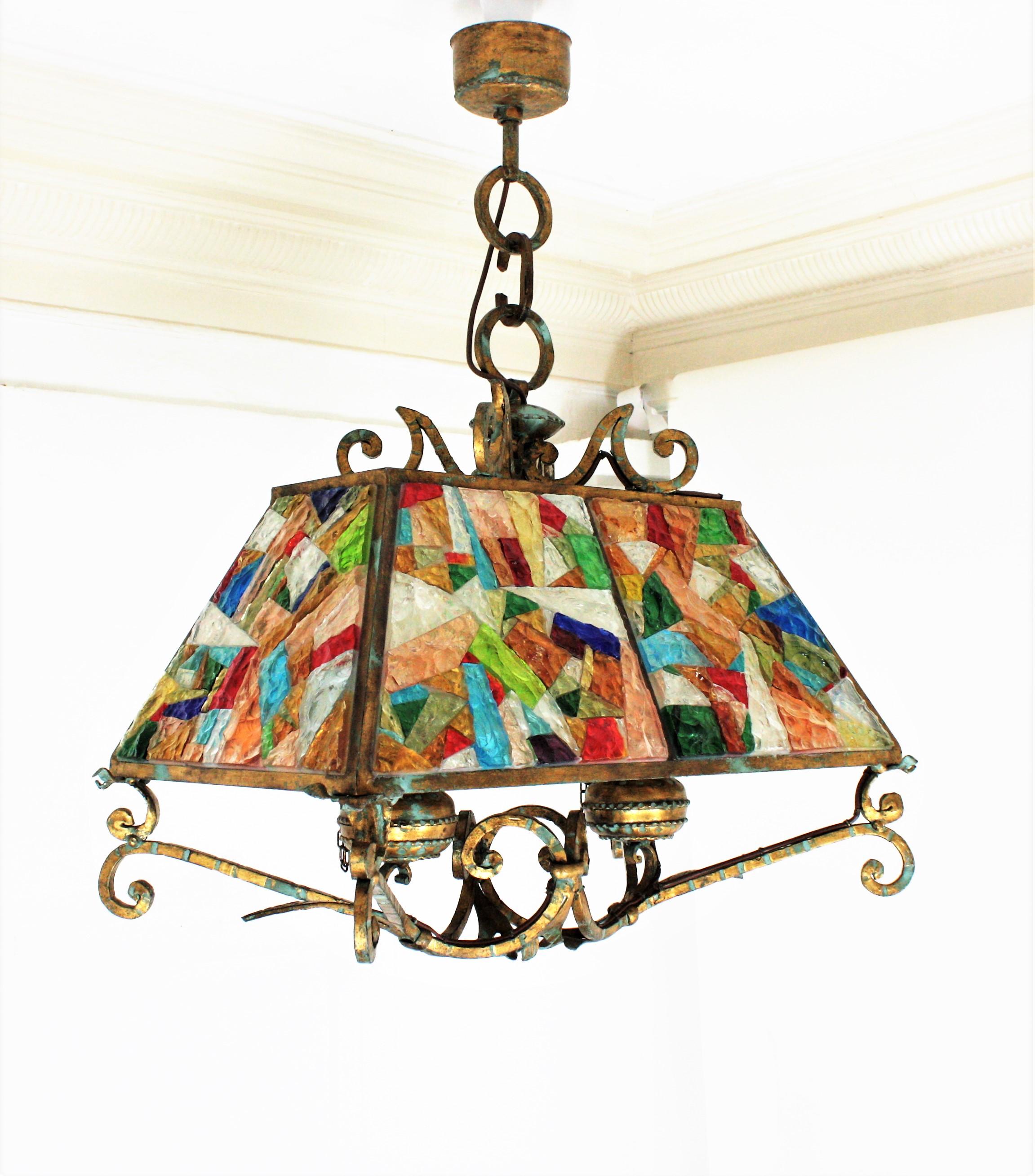 Longobard Poliarte Style Chandelier, Gilt Iron and Multi Color Glass Mosaic For Sale 1
