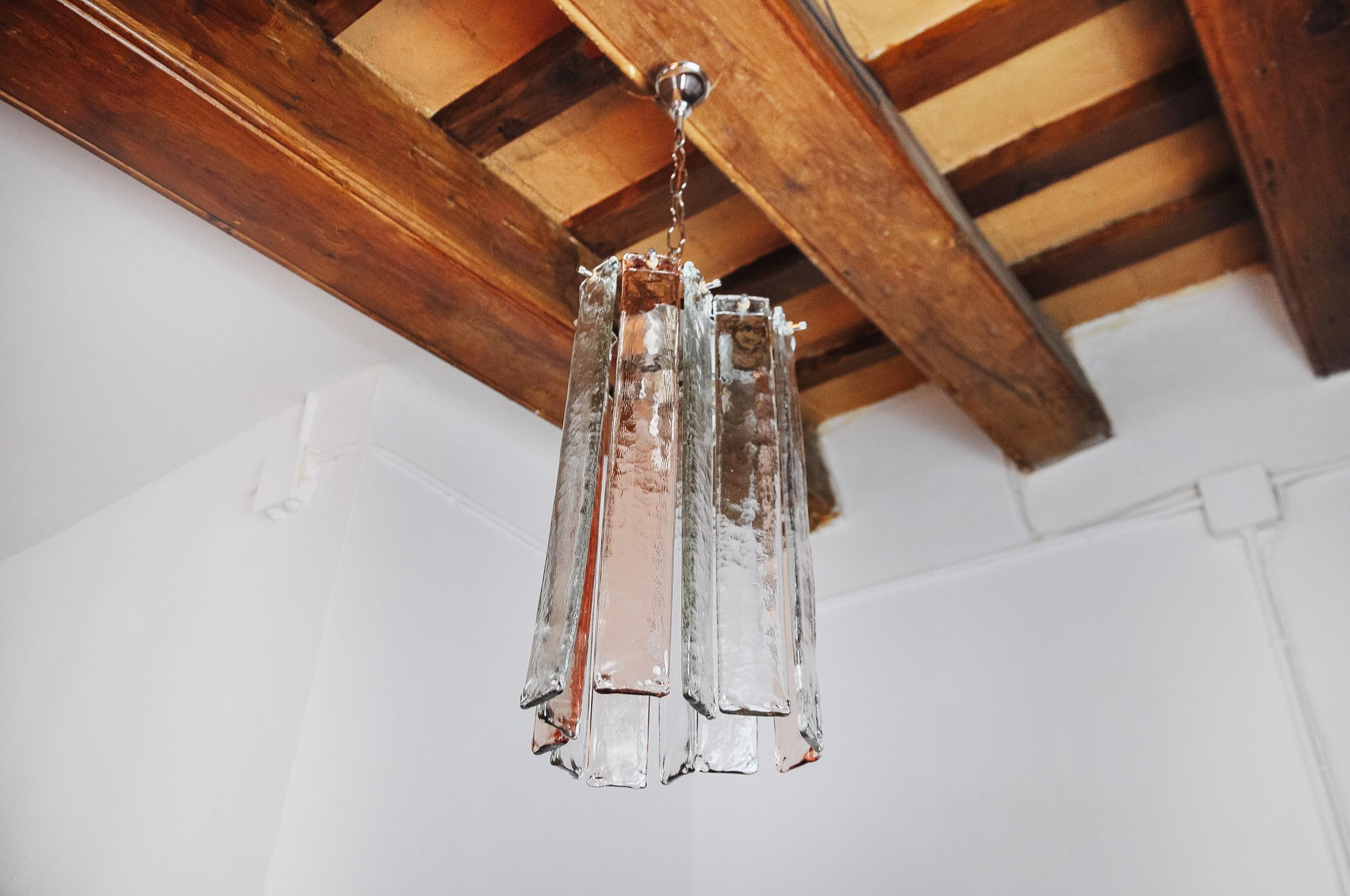 Italian Poliarte pendant lamp by albano poli, pink and transparent murano glass, italy For Sale