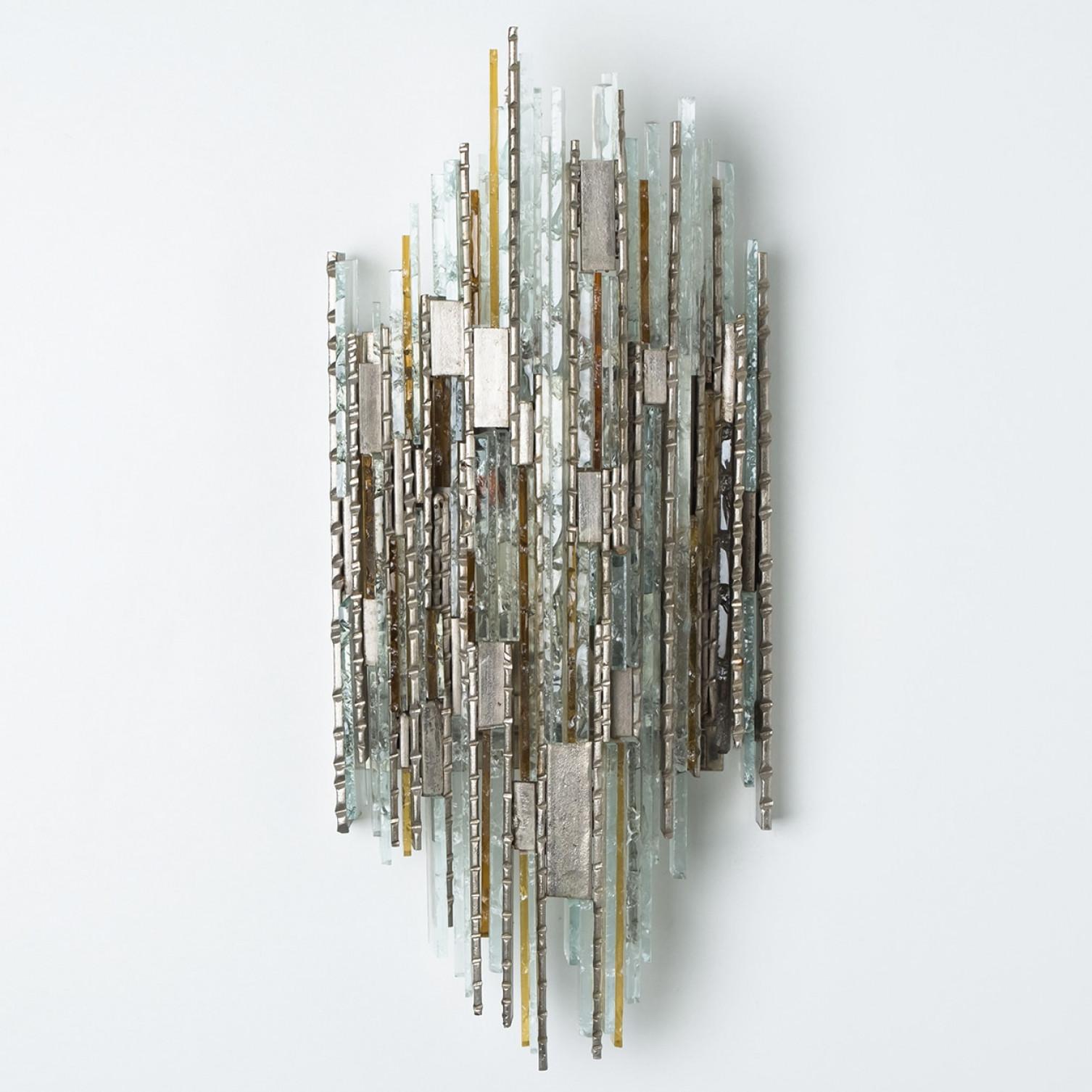 PoliArte Sculpted Glass Silver Yellow Wall Light, Italy, 1970s For Sale 4
