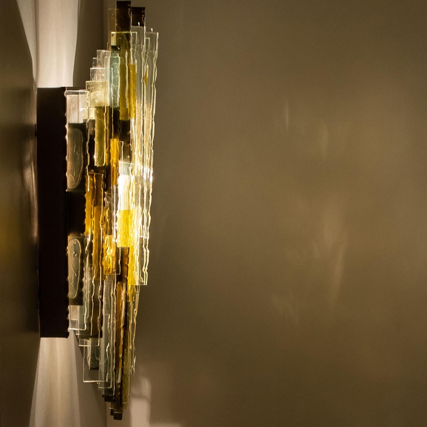 Art Deco PoliArte Sculpted Glass Silver Yellow Wall Light, Italy, 1970s For Sale