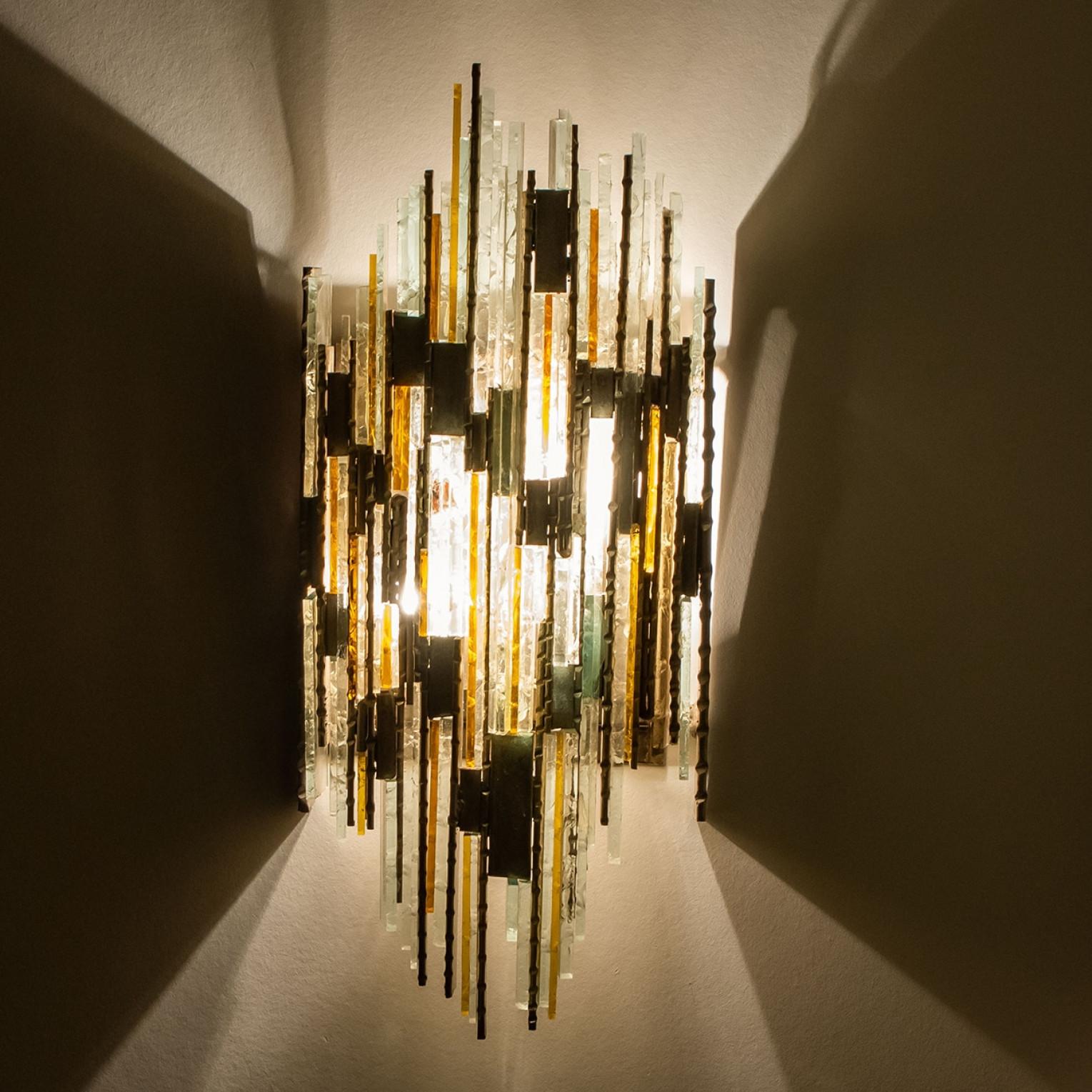 Stained PoliArte Sculpted Glass Silver Yellow Wall Light, Italy, 1970s For Sale
