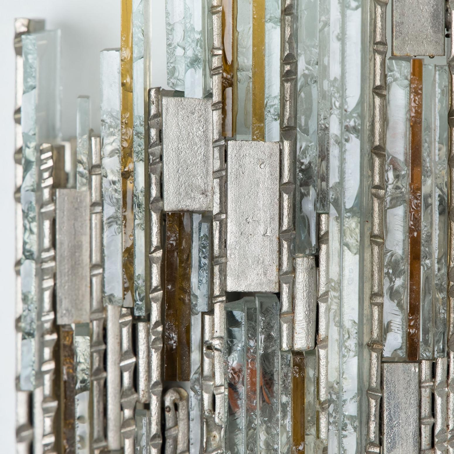 PoliArte Sculpted Glass Silver Yellow Wall Light, Italy, 1970s For Sale 1