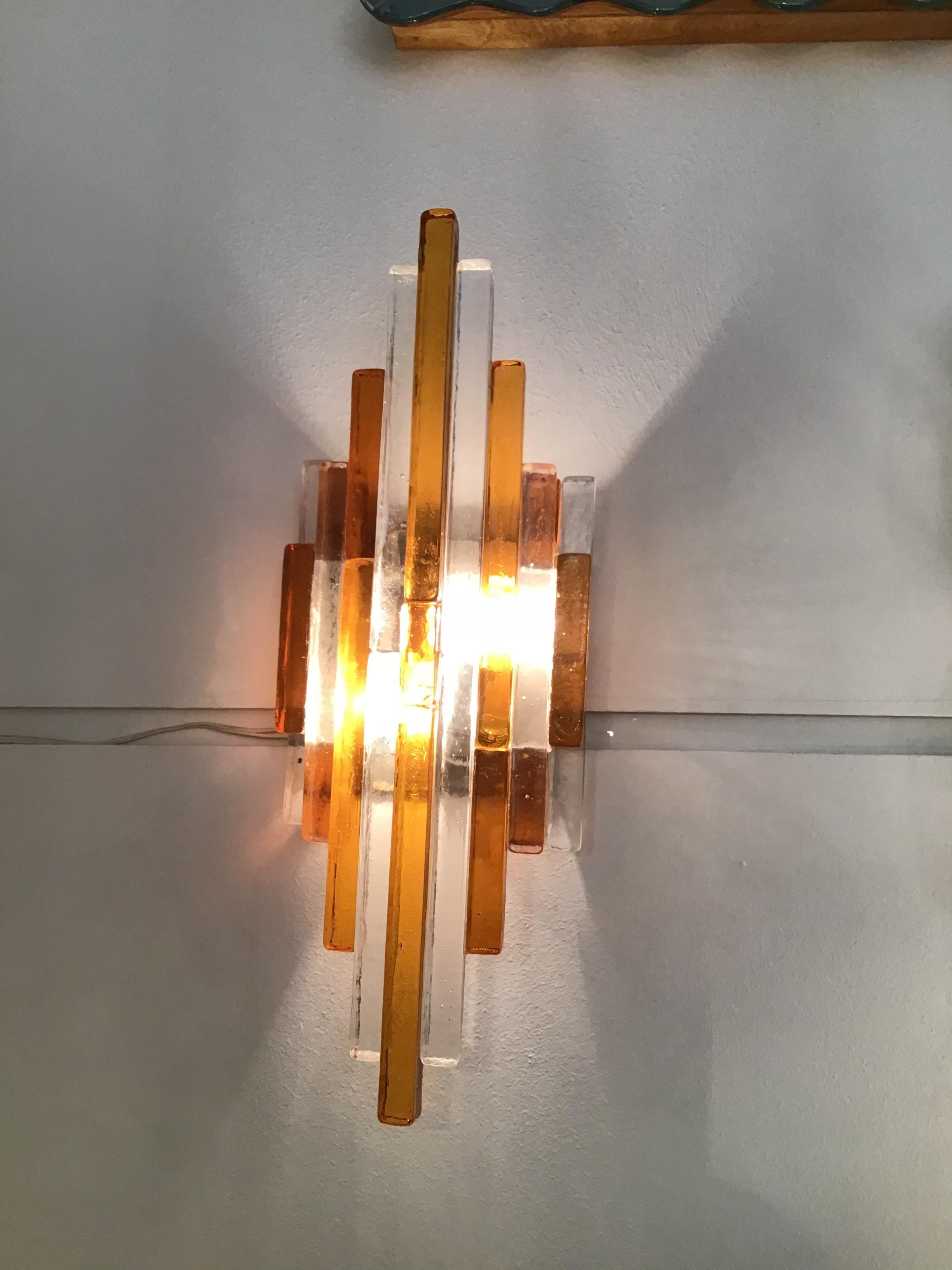 Tempered Poliarte Wall Lights Murano Glass Brass Bicolore, 1960 For Sale
