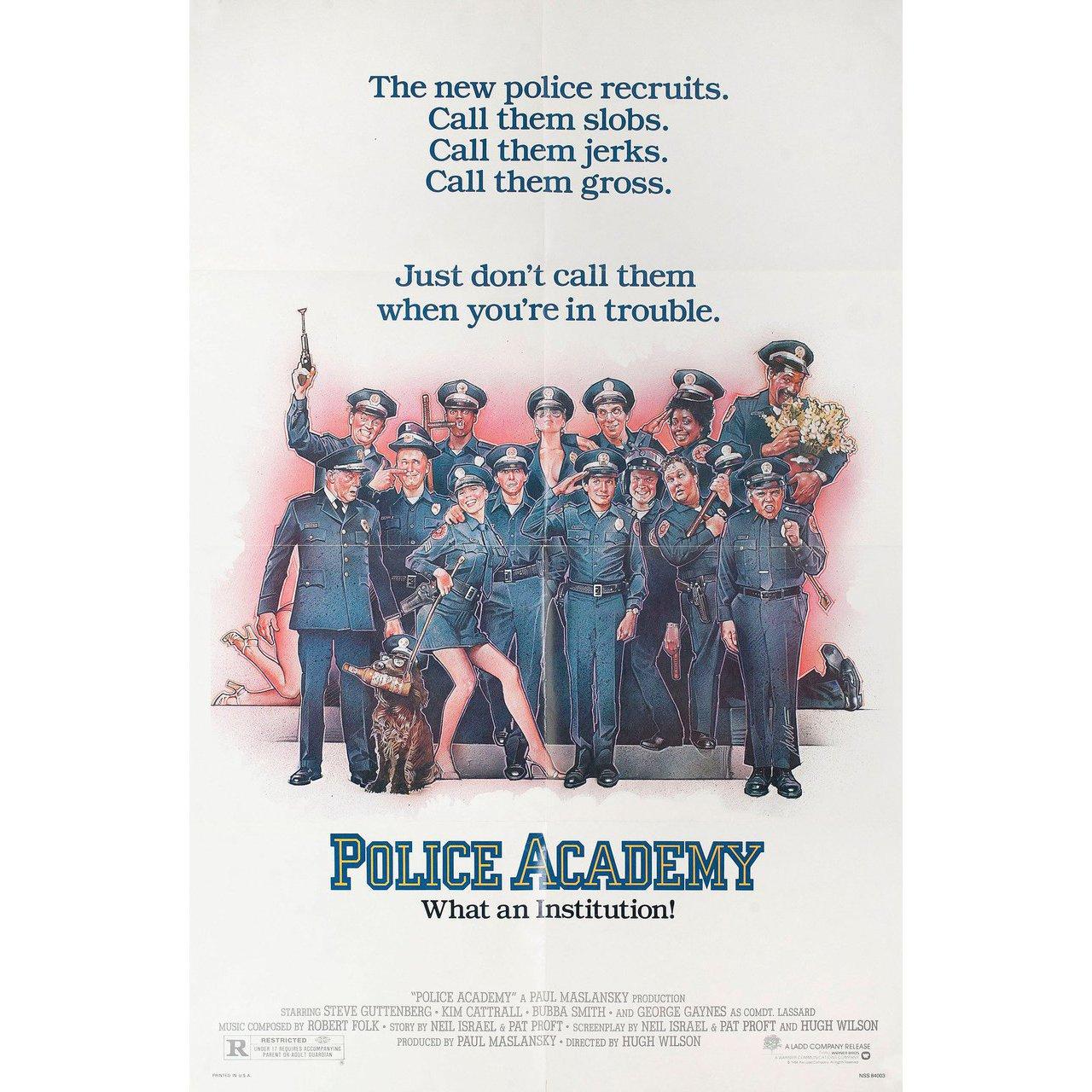 Original 1984 U.S. one sheet poster by Drew Struzan for the film Police Academy directed by Hugh Wilson with Steve Guttenberg / Kim Cattrall / G.W. Bailey / Bubba Smith. Fine condition, folded. Many original posters were issued folded or were