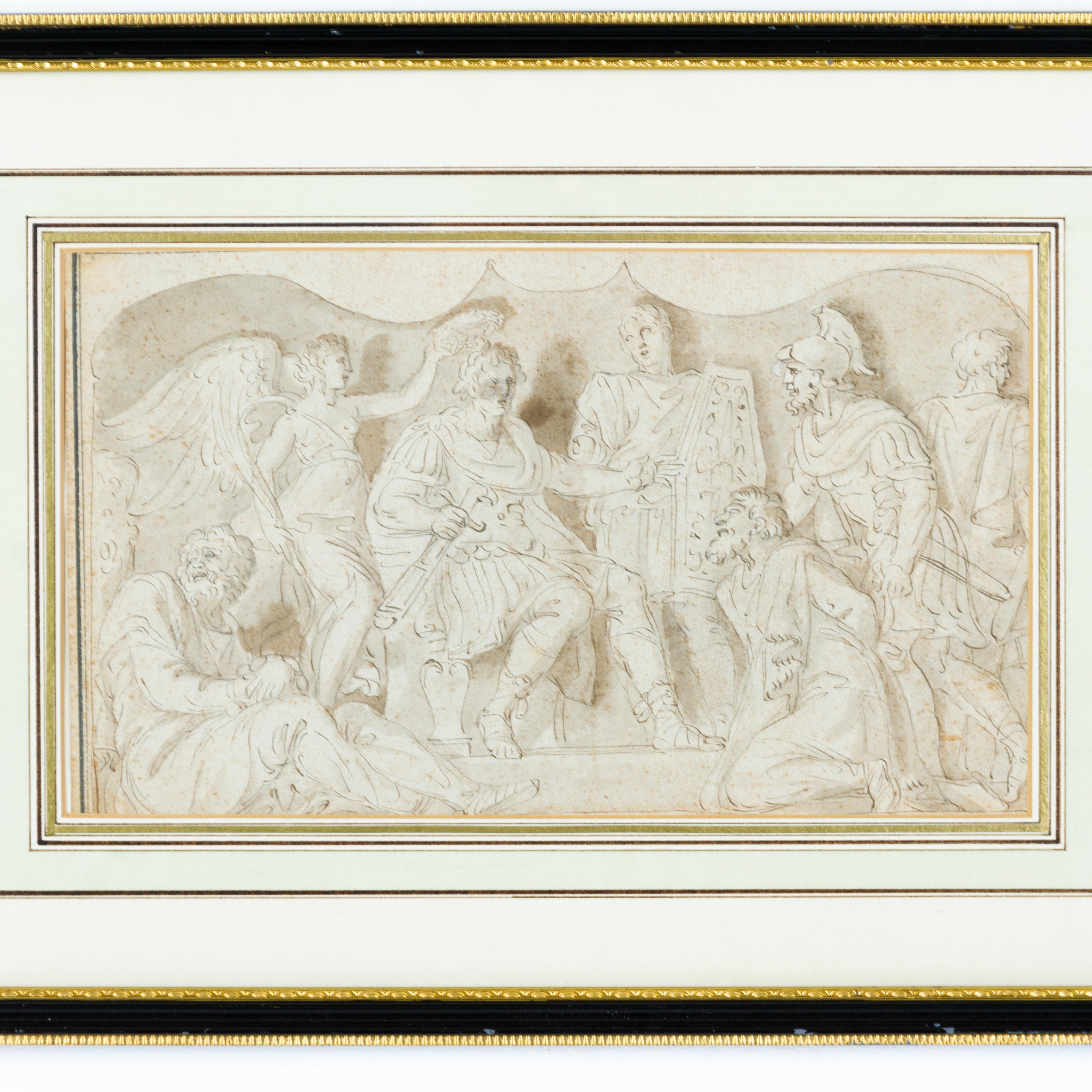 16th century Italian old master pen, ink & wash drawing depicting an ancient roman scene - soldiers presenting prisoners brought before the Emperor for execution, watermarked, held in a neoclassical gilt frame under protective glass. 

Polidoro