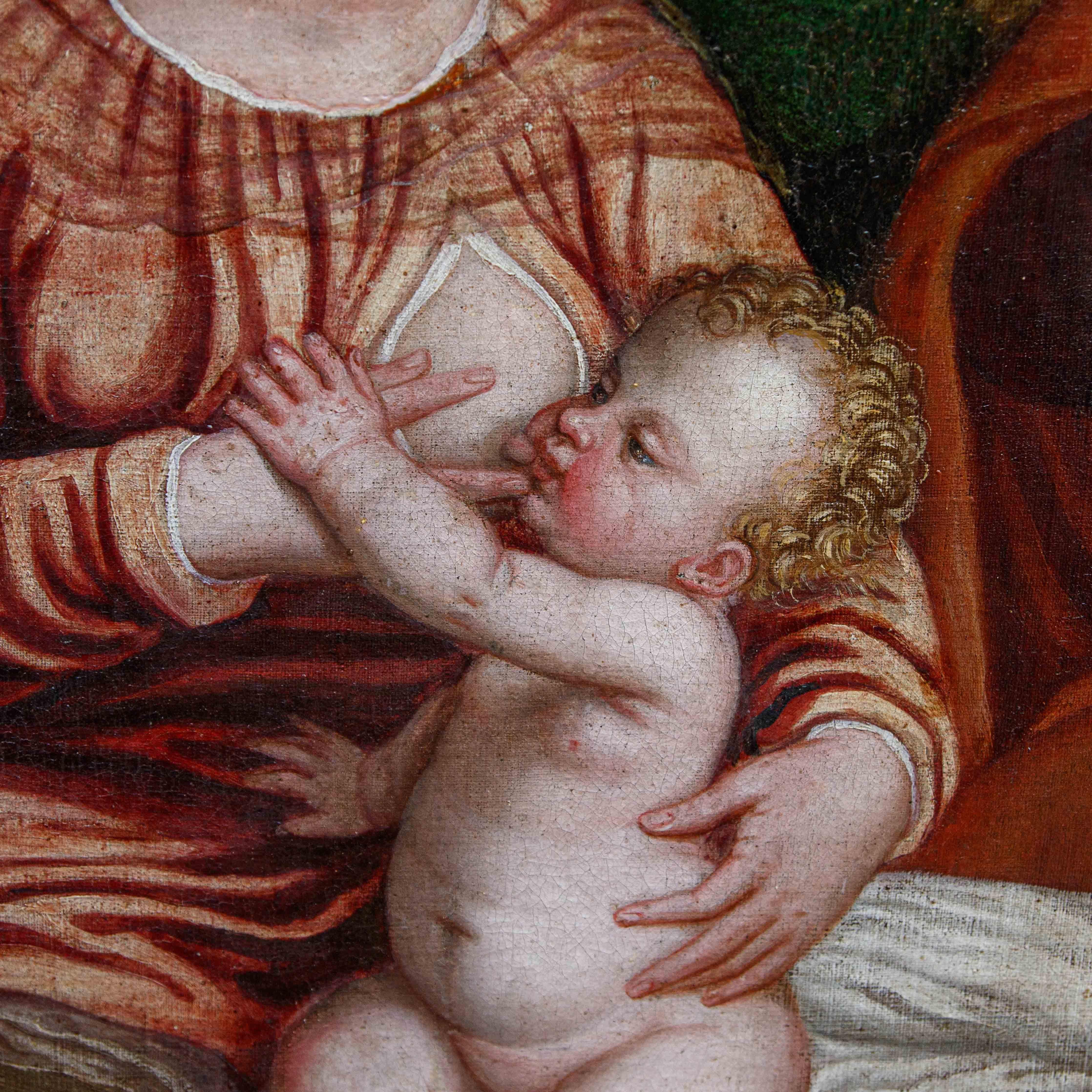 Polidoro de Renzi detto Polidoro da Lanciano, Sacra famiglia con san Giovannino - Painting di Polidoro De Renzi, called Polidoro da Lanciano (Lanciano 1515 - Venice 1565 )