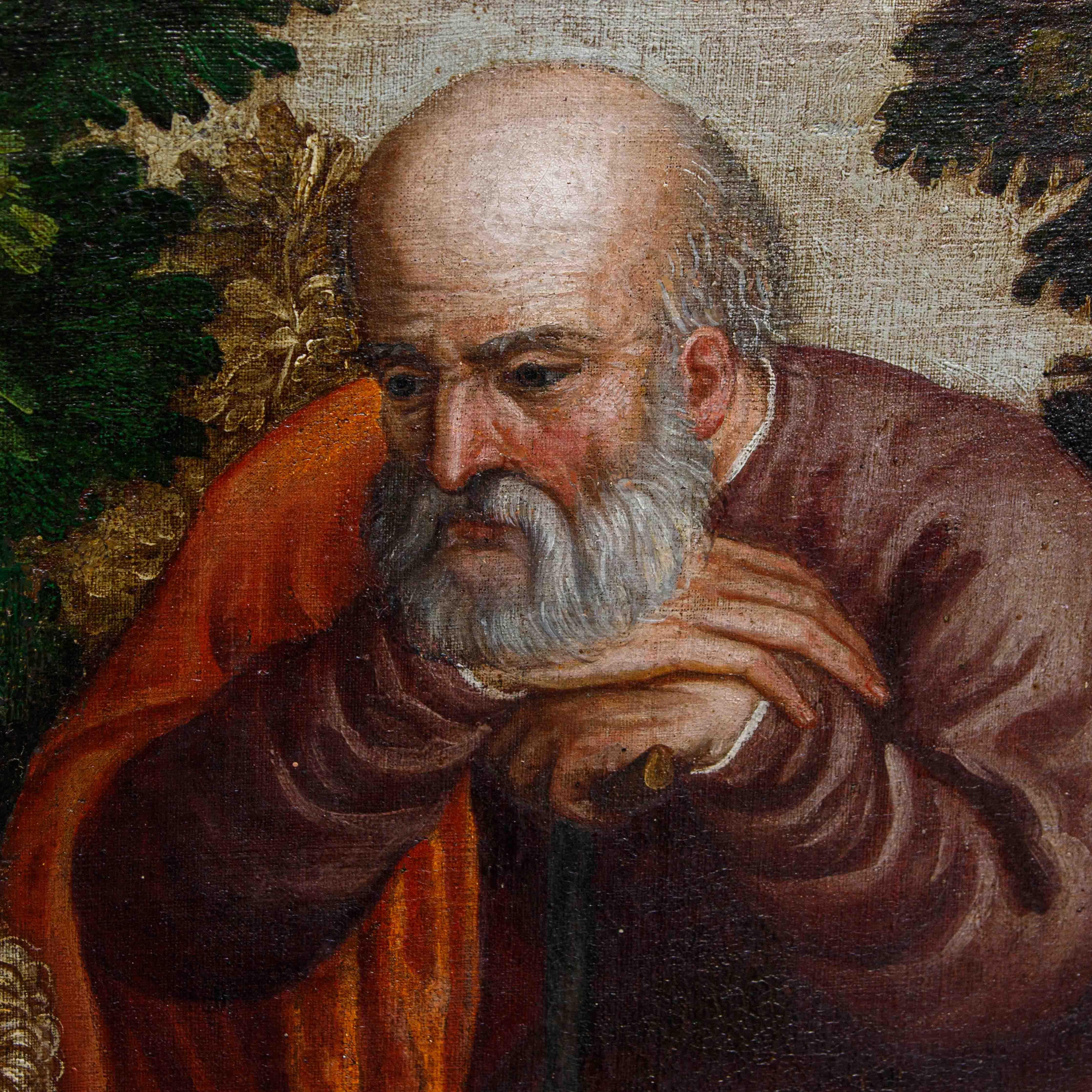 Polidoro de Renzi detto Polidoro da Lanciano, Sacra famiglia con san Giovannino - Figurative Painting Brown di Polidoro De Renzi, called Polidoro da Lanciano (Lanciano 1515 - Venice 1565 )