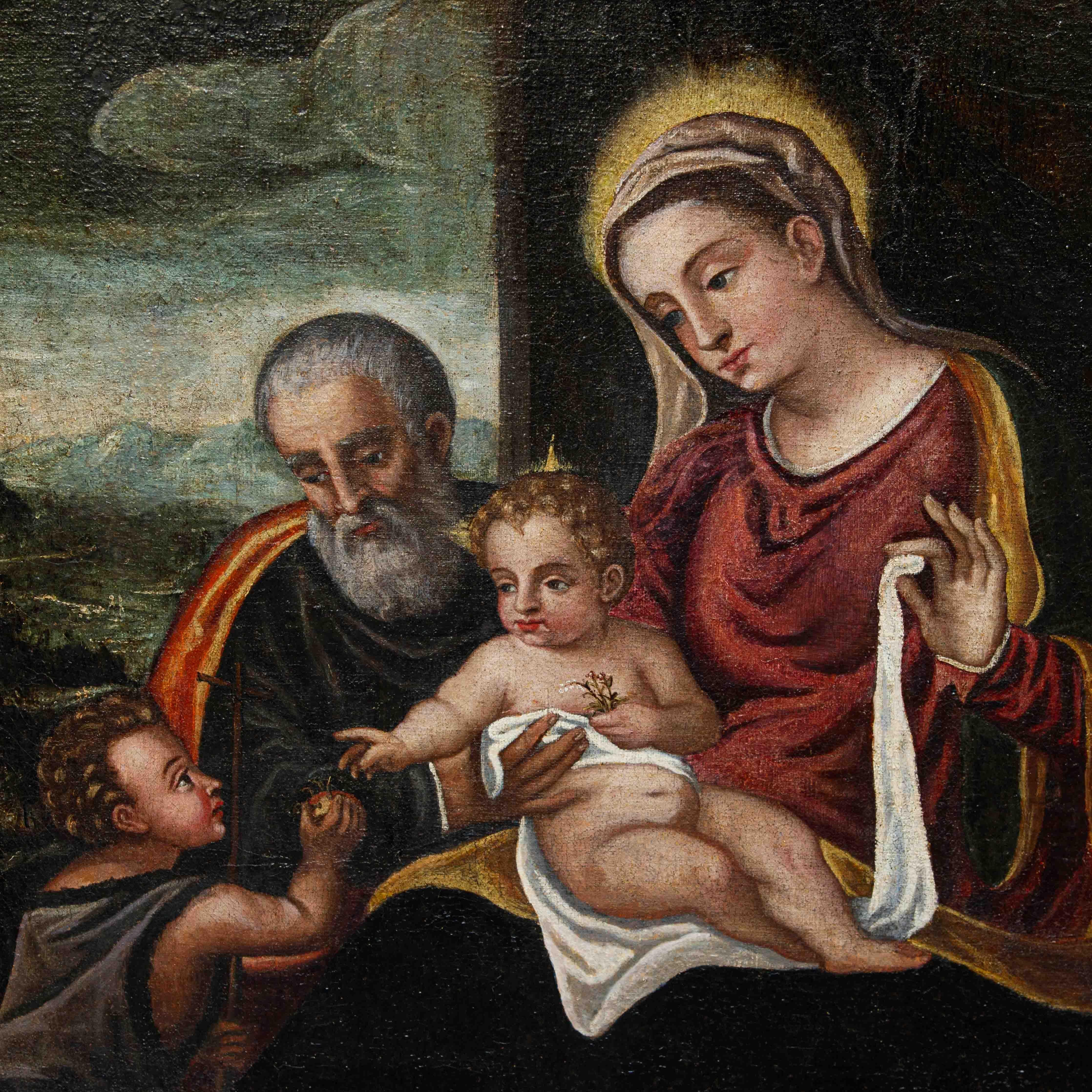 Attribué à Polidoro de Renzi, dit Polidoro da Lanciano, Sainte Famille - Black Figurative Painting par Polidoro de Renzi, detto Polidoro da Lanciano