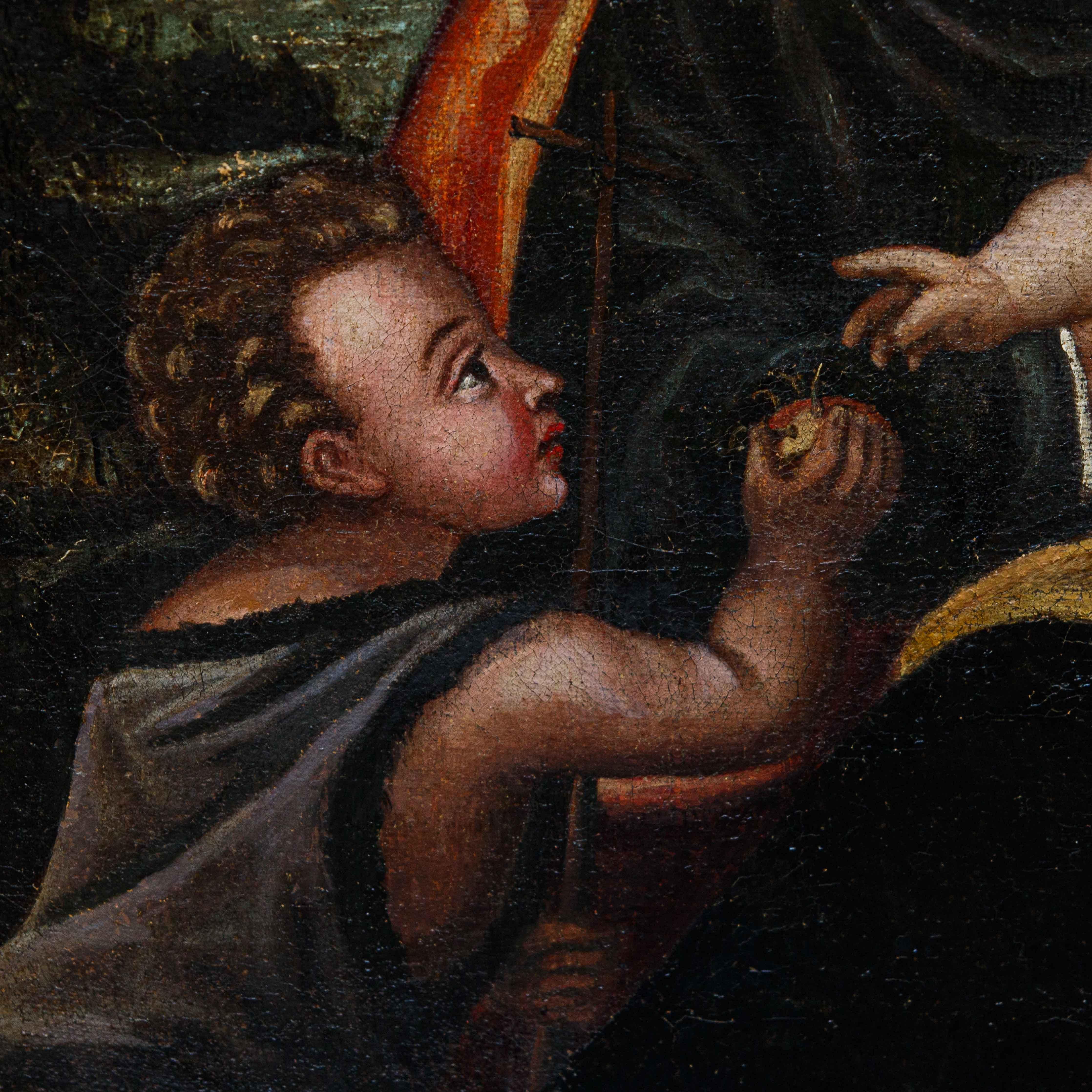 Atelier de Polidoro de Renzi dit Polidoro da Lanciano 

(Lanciano, vers 1515 - Venise, 1565)

Sainte Famille avec Saint Jean

Huile sur toile, 90 x 88 cm 

Polidoro de' Renzi est né vers 1515 dans la ville des Abruzzes qui lui a donné le nom sous