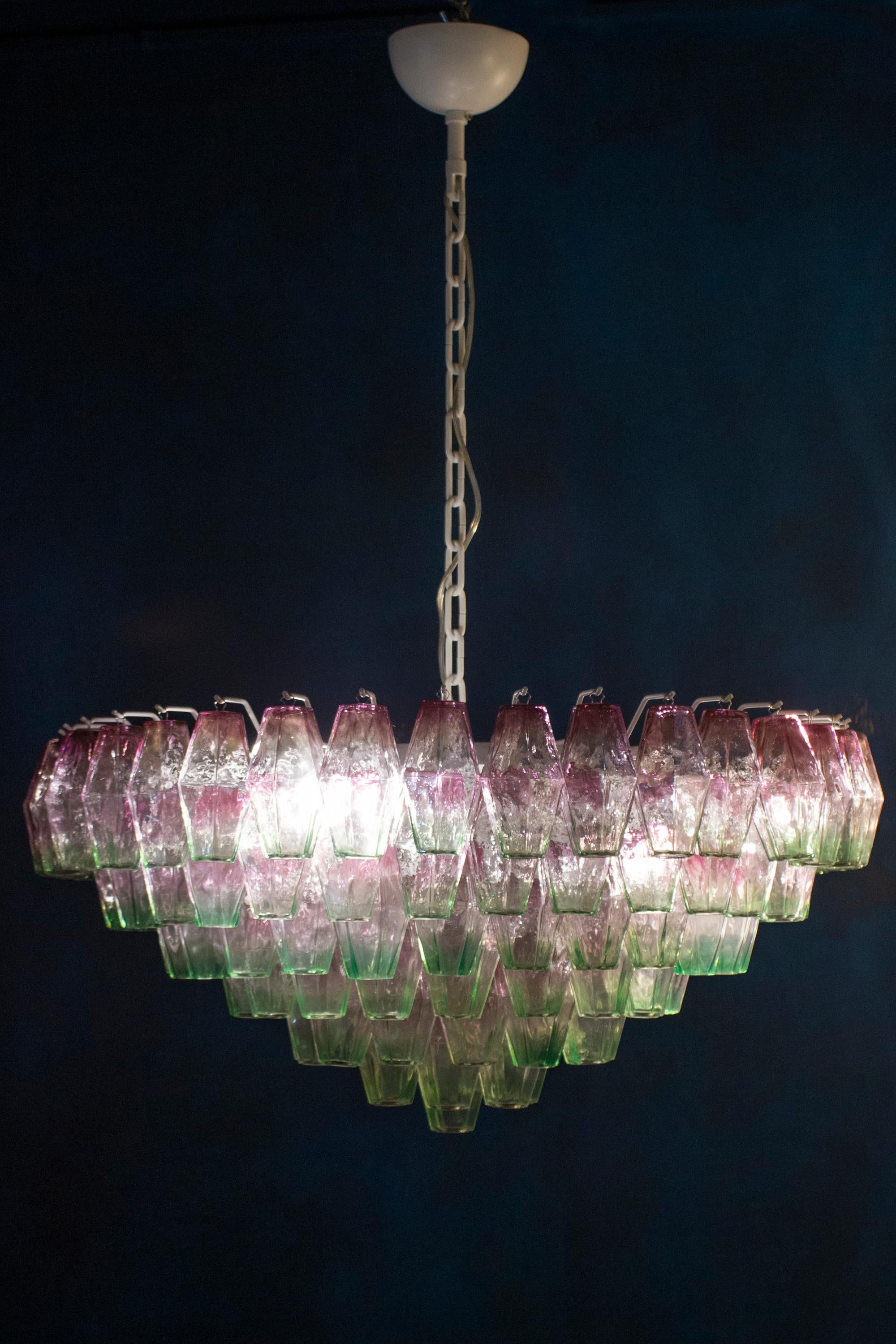 Poliedri Pink and Green Murano Glass Chandelier, 1970 For Sale 3