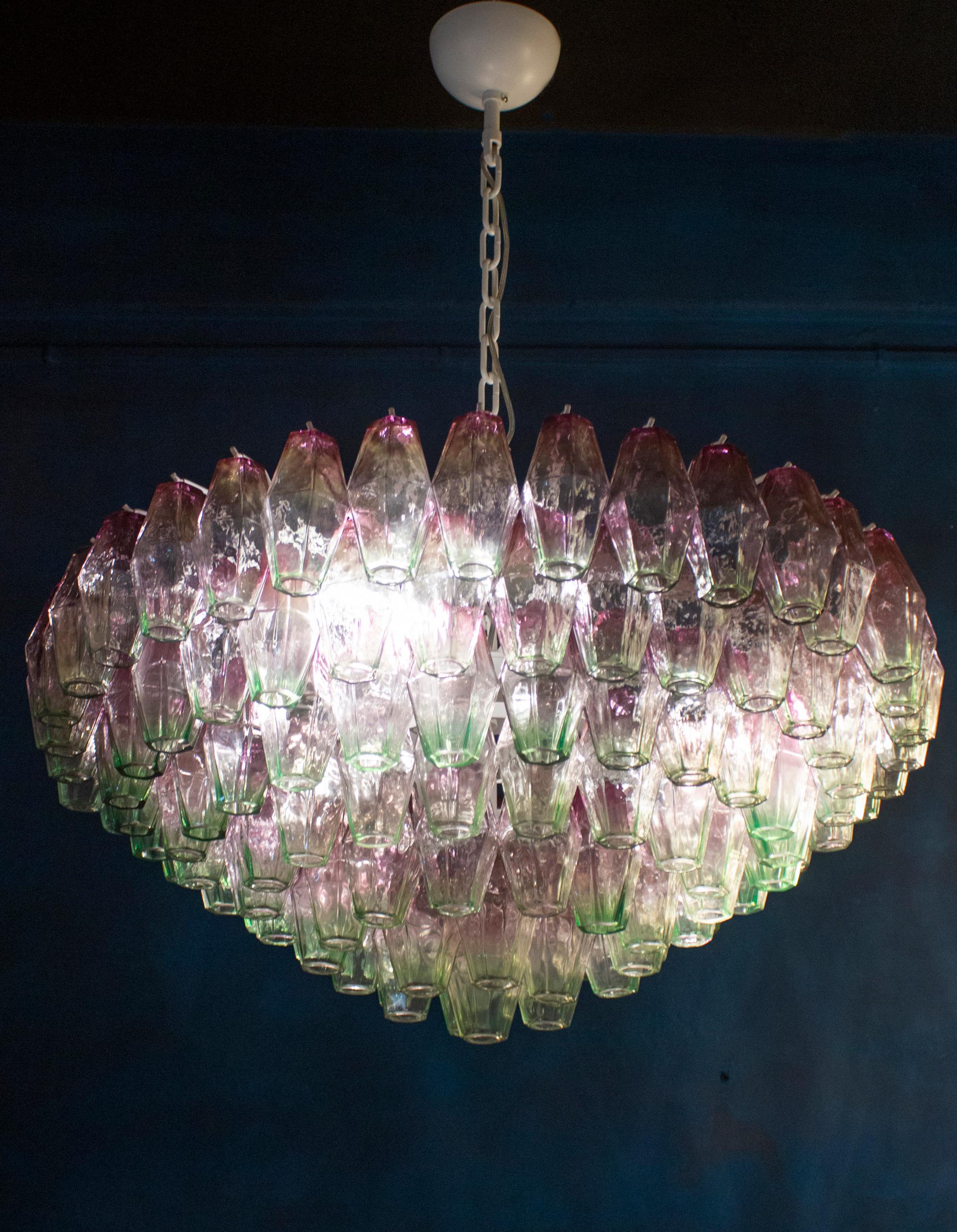 Poliedri Pink and Green Murano Glass Chandelier, 1970 For Sale 4