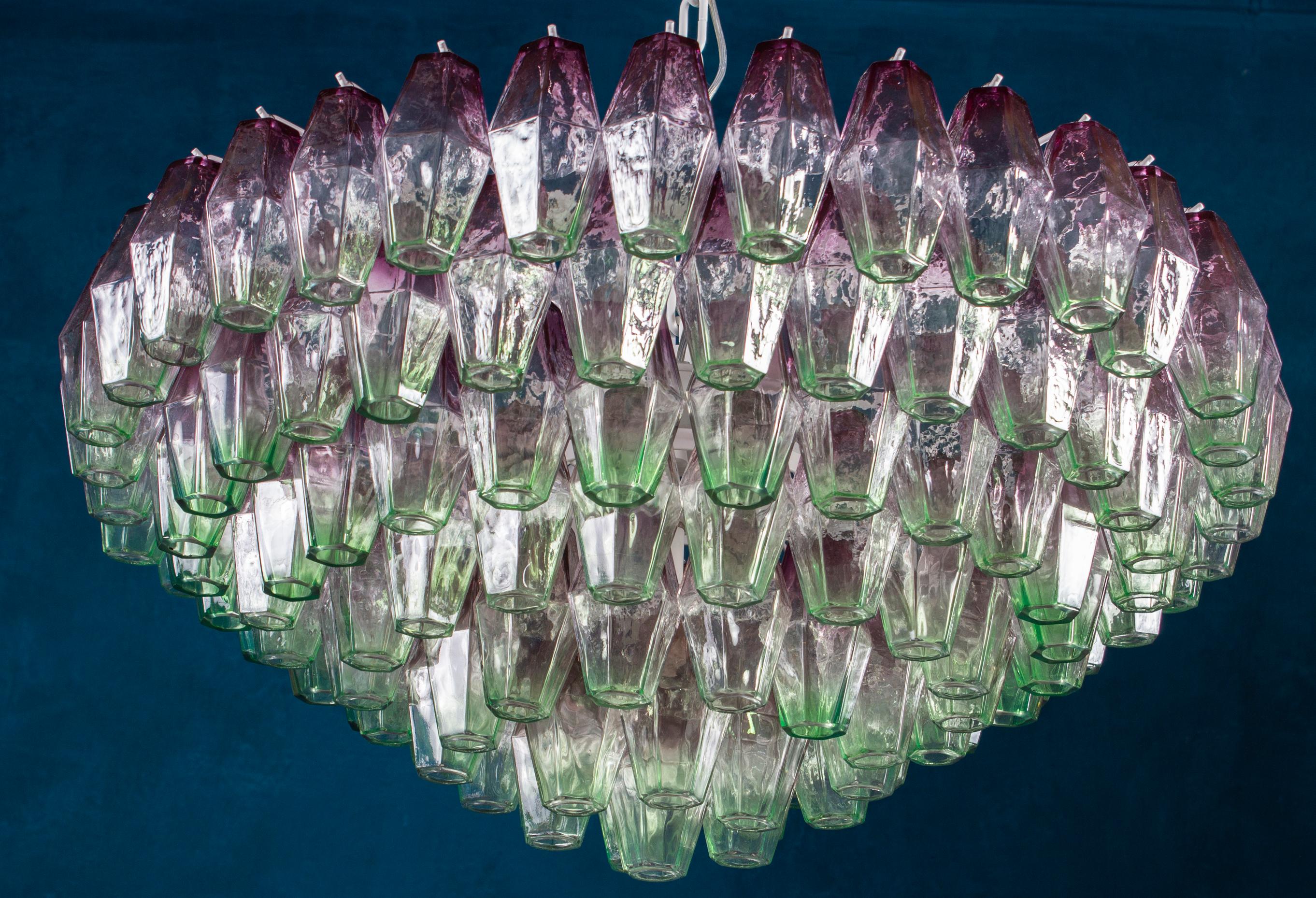 Poliedri Kronleuchter aus rosa und grünem Murano Glas, 1970 im Angebot 4