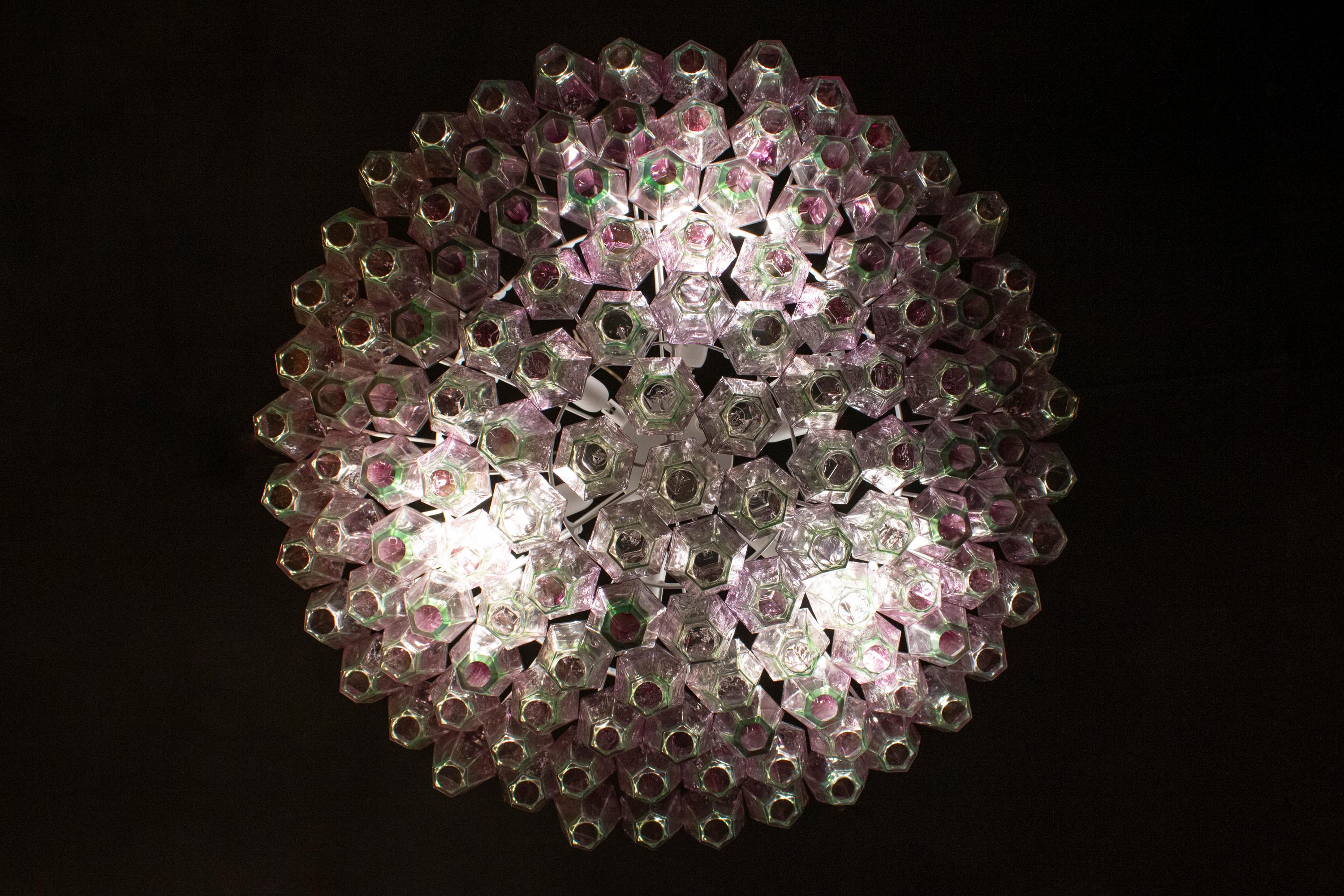 Poliedri Pink and Green Murano Glass Chandelier, 1970 For Sale 5