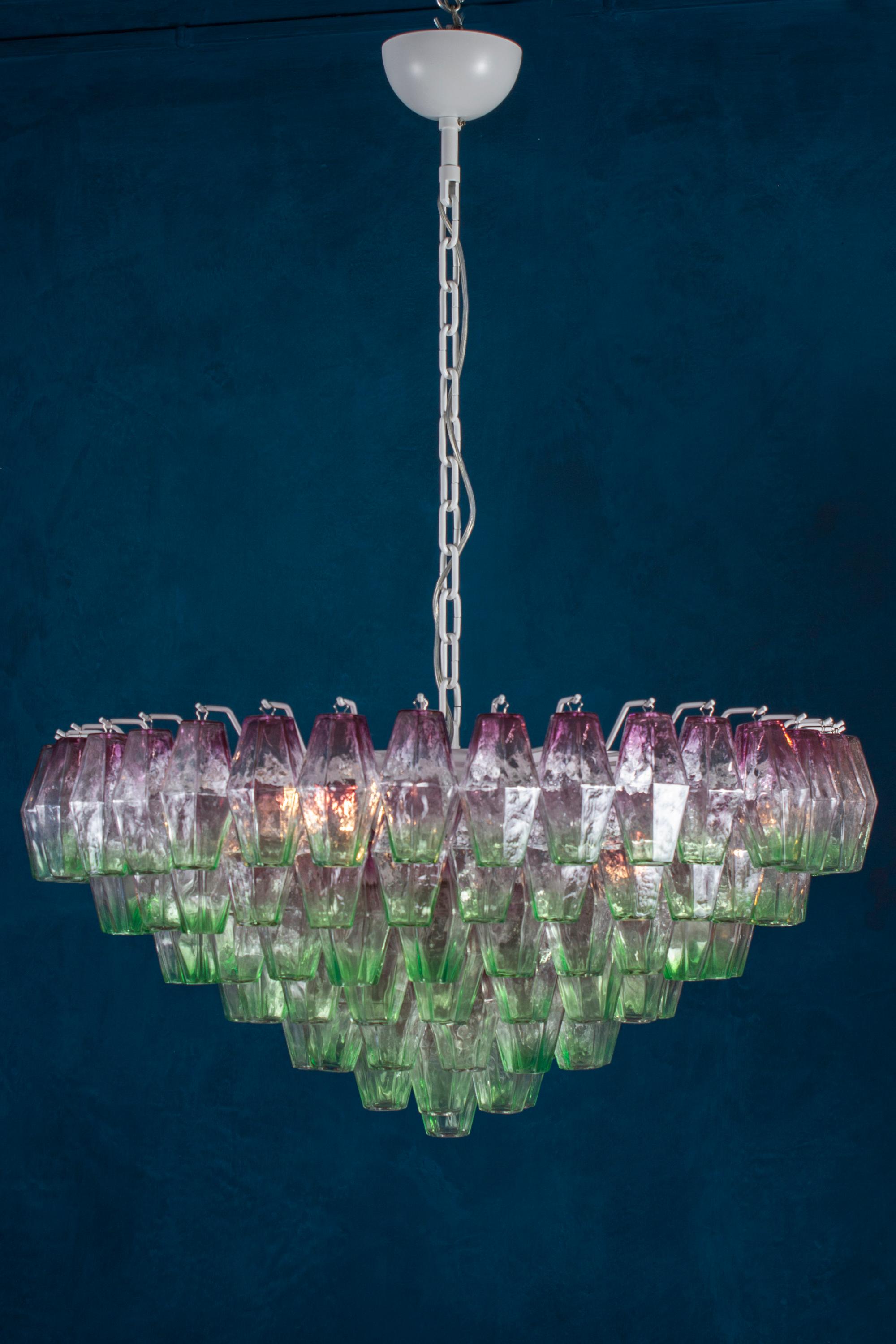 Midcentury large Poliedri chandelier with rare combination of pink and green colored murano glass.
 Price is for 1 item .
Eight E 27 light bulbs \ 40 W 
Available also the pair.
This light fixture can be disassembled and the glasses individually
