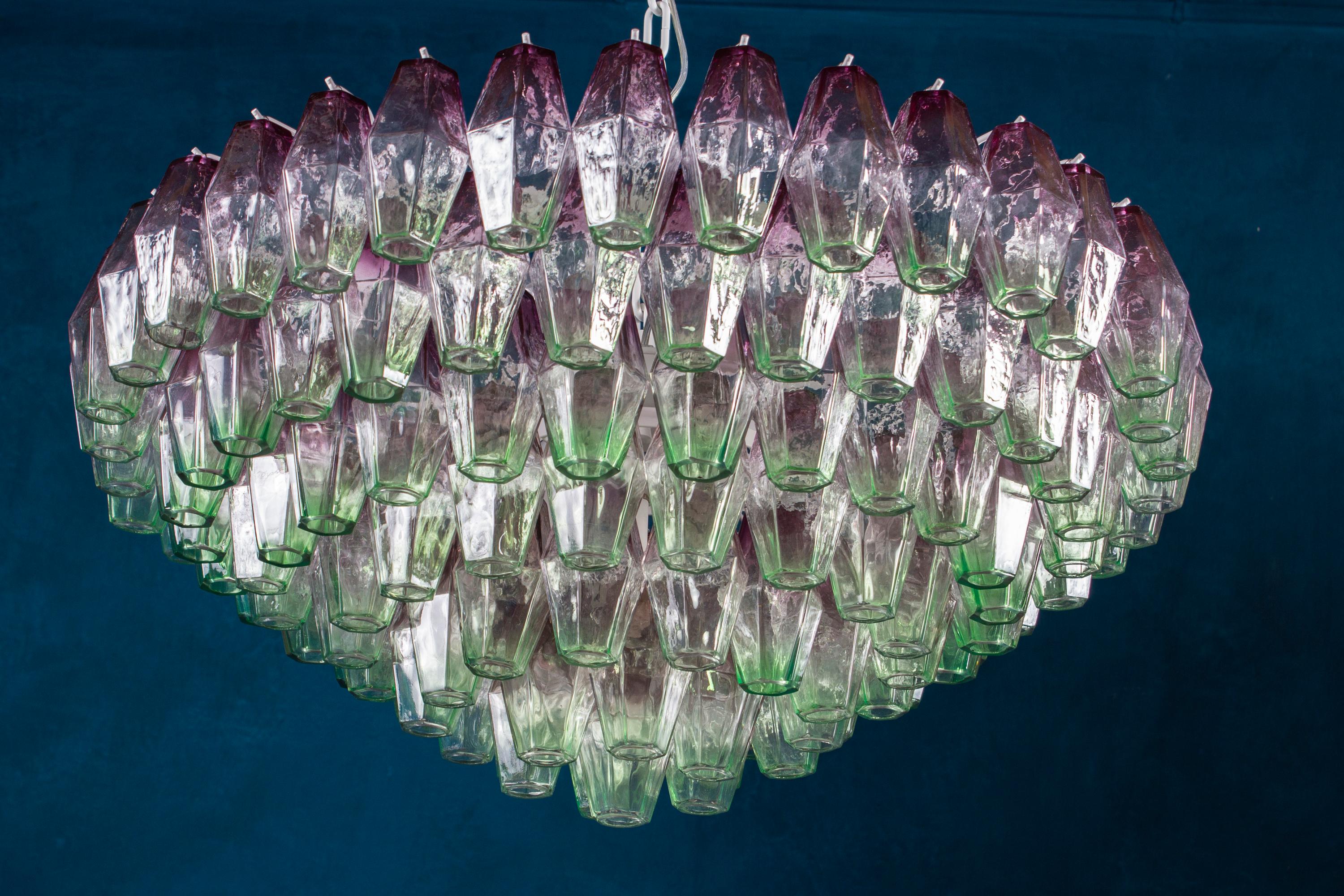 Mid-Century Modern Poliedri Pink and Green Murano Glass Chandelier, 1970 For Sale