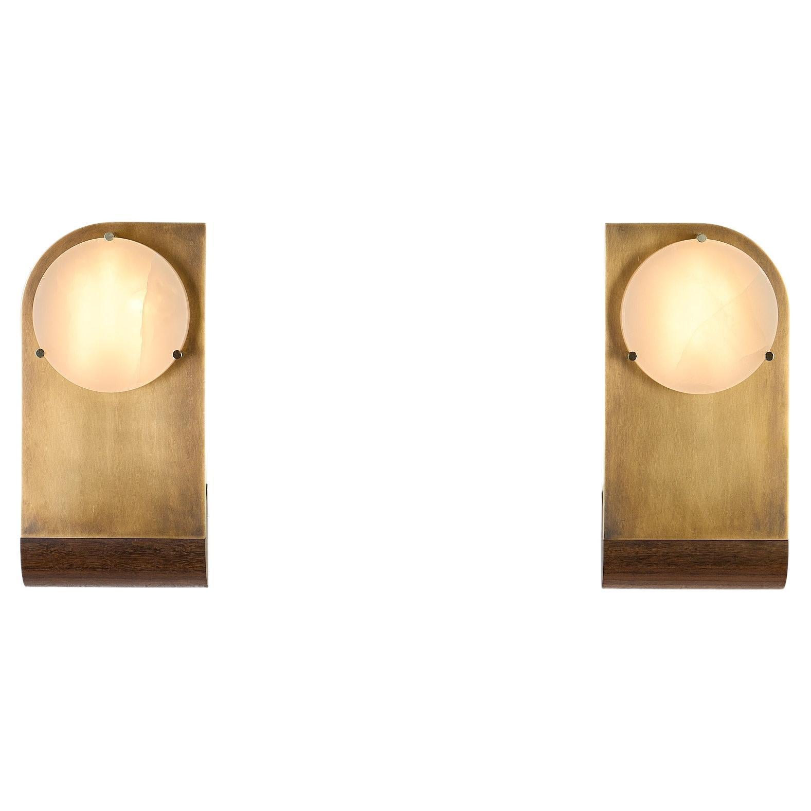 Polifemo Twins Sculptural Wall Lights in Aged Brass Onyx, Mongoy Wood, LED light For Sale