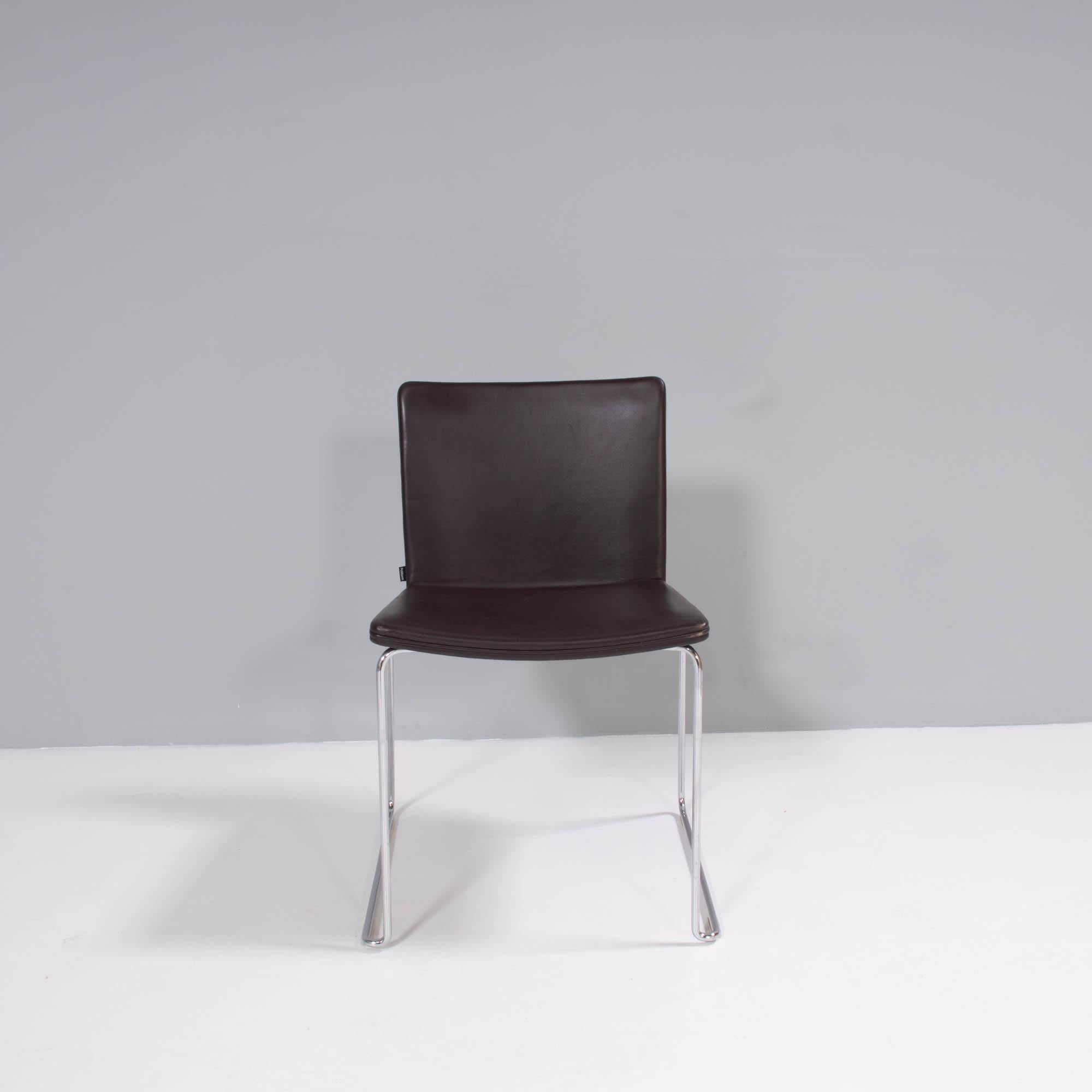 Originally designed by Mario Mazzer for Poliform in 2003, the Nex dining chair is the epitome of sleek and modern design.

Featuring a chromed metal frame with sled base, the seat is molded for comfort and upholstered brown leather.

This chair