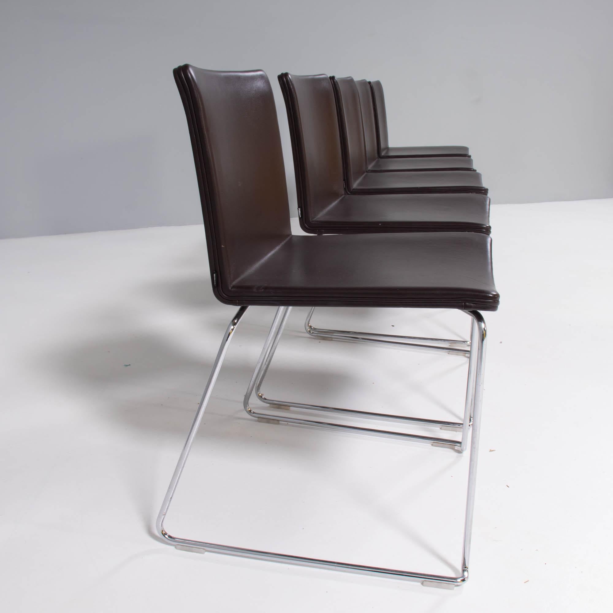 Originally designed by Mario Mazzer for Poliform in 2003, the Nex cantilever dining chair is the epitome of sleek and modern design.

Featuring a chromed metal frame with sled base, the seat is molded for comfort and upholstered brown