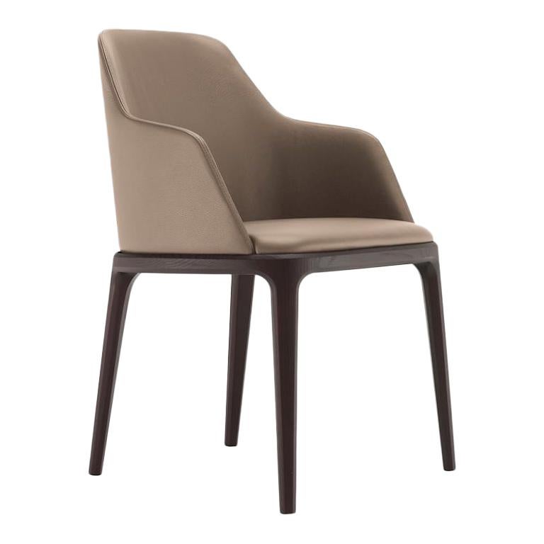 Poliform Grace Dining Chair with Armrests in Fabric or Leather & Solid Wood Base For Sale