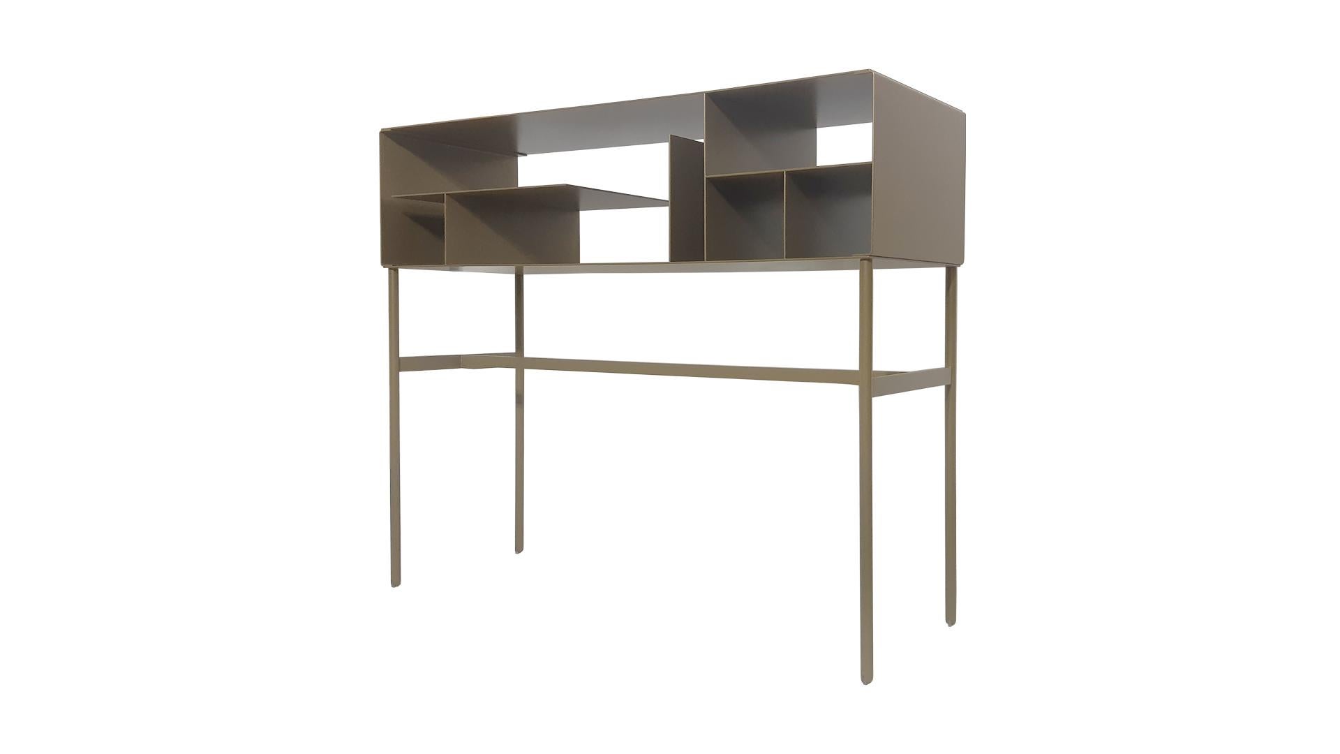 A conceptual contemporary italian consolle built simply of steel sheets welded on a slender frame. Handmade in Italy, built of steel, powder coating with brass finish or burnished steel finish, also available in the colors: signal grey, pastel