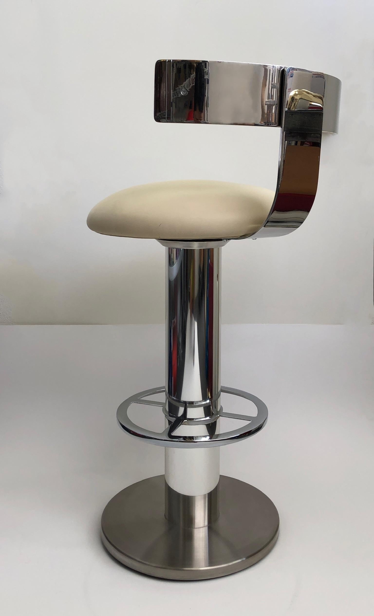 Brushed Polish Aluminum and Leather Swivel Barstool by Design For Leisure For Sale