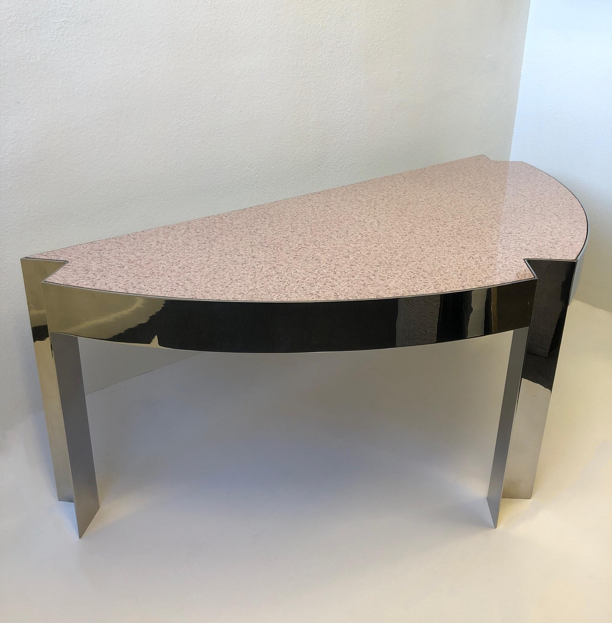 American Polish Aluminum and Pink Granite Formica Desk by Leon Rosen for Pace Collection