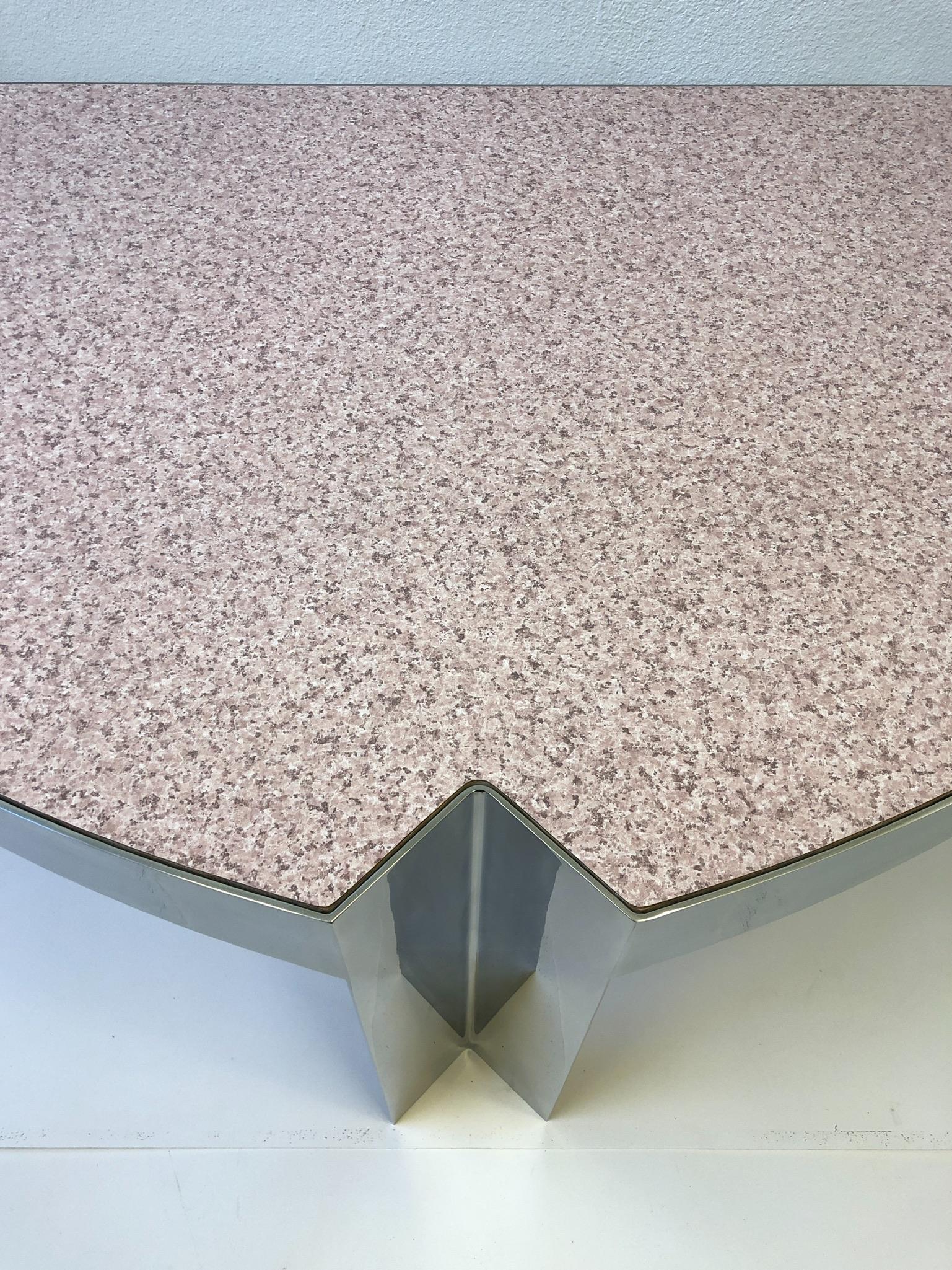 Polished Polish Aluminum and Pink Granite Formica Desk by Leon Rosen for Pace Collection